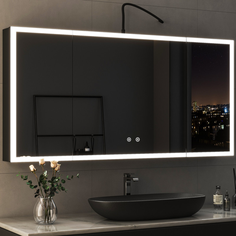 Groß Spiegelschrank Mit Beleuchtung 120 X 60 Cm, Bad-hängeschränke Spiegelschrank Bad Mit Beleuchtung Badezimmer Spiegelschrank Mit Touch-schalter, 3 Einstellbare Lichtfarben, Beschlagfrei, Schwarz