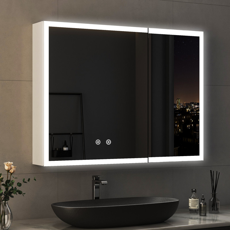 Weiß Spiegelschrank Mit Beleuchtung 80 X 60 Cm, Bad-hängeschränke Spiegelschrank Bad Mit Beleuchtung Badezimmer Spiegelschrank Mit Touch-schalter, 3 Einstellbare Lichtfarben, Beschlagfrei