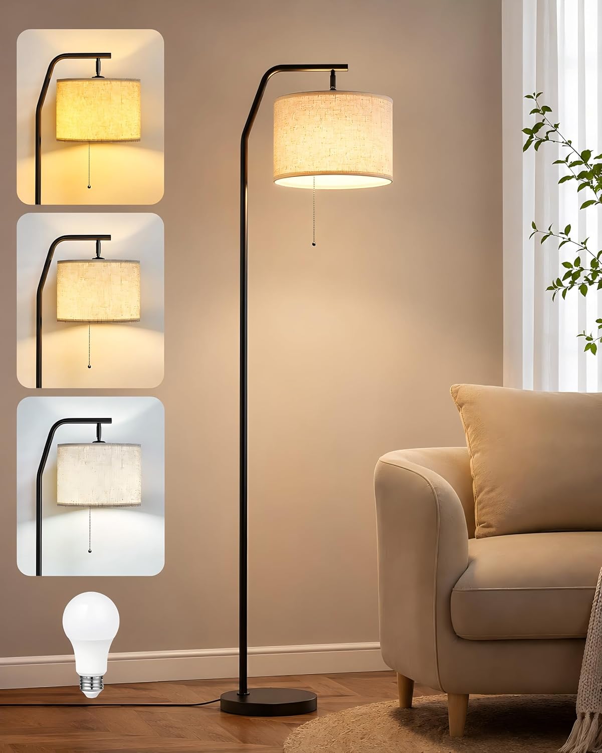 Stehlampe, 3 Farbtemperaturen, Schwarz Und Beige Mit Zugschalter, 9-w-led-leuchtmittel, Verstellbarer Stoffschirm, Für Schlafzimmer Und Büro