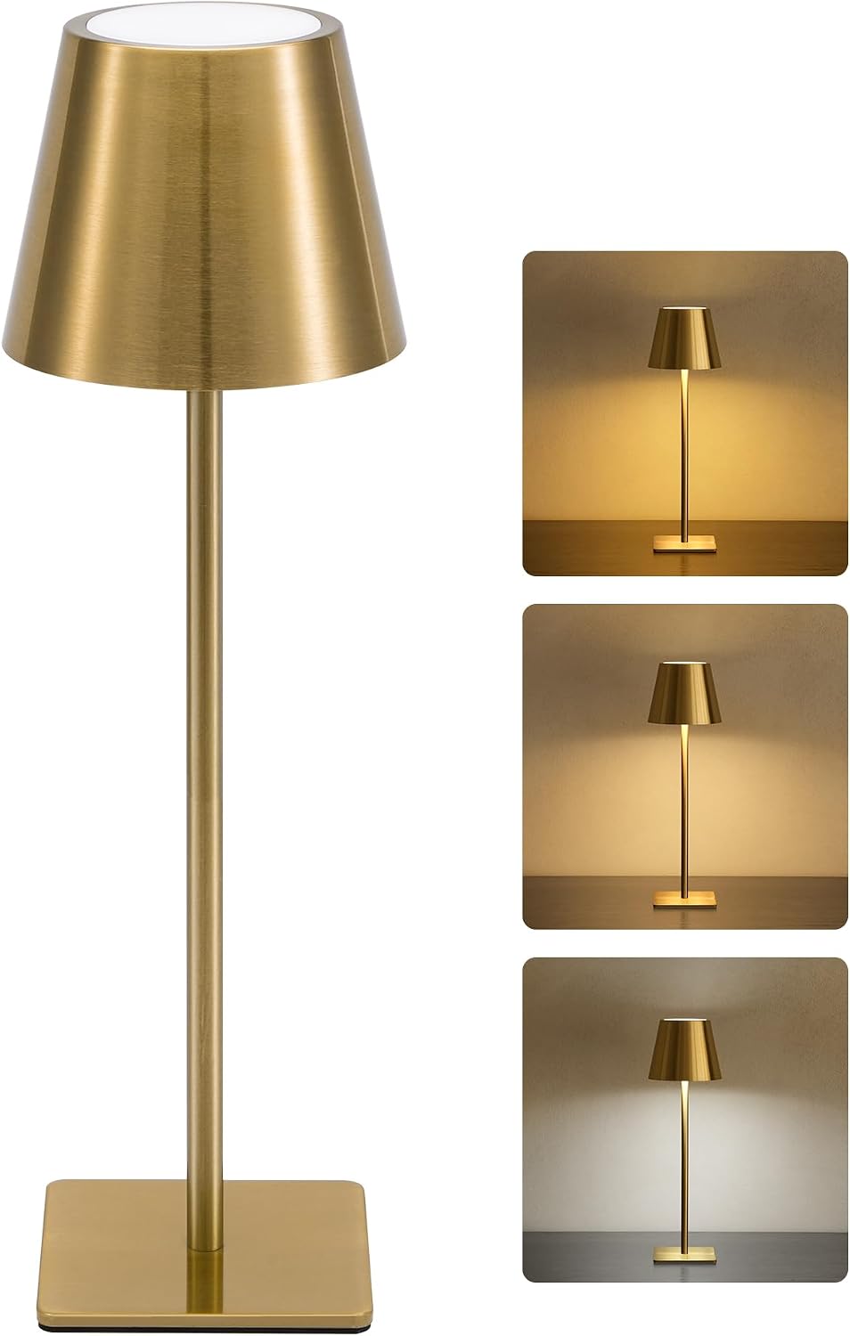 Kabellose Tischleuchte In Gebürstetem Gold, Wiederaufladbare, Wasserdichte Batterie, 3 Farbtemperaturen Und Stufenlose Dimmfunktion, Tragbare Lampe Für Büro, Esszimmer, Café Und Außenbereich