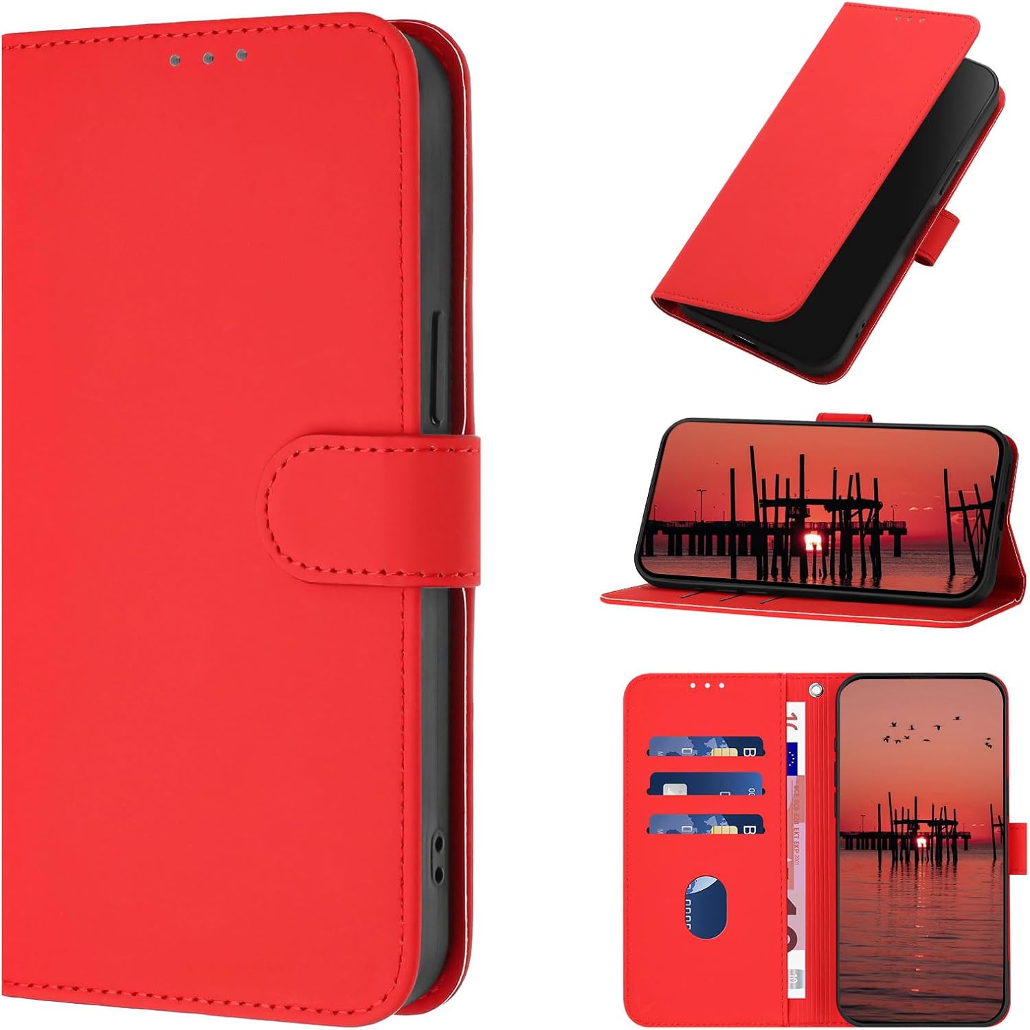 Schutzhülle Für Samsung Galaxy A16 4g/5g, Schutzhülle Aus Pu-leder [kartenfächer], Magnetische Hülle, Stoßfeste Flip-wallet-hülle Für Samsung A16 4g/5g (rot)