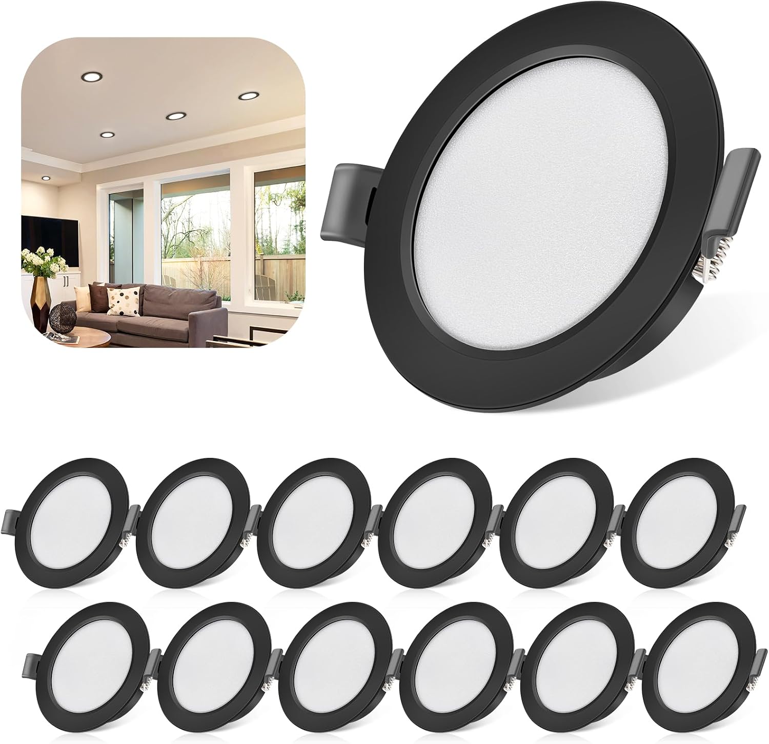 5-w-led-einbaustrahler, Schutzart Ip44, Neutralweiß 4000 K, Extraflacher Led-strahler 450 Lm, 12er-pack, Ausschnitt 68–80 Mm, 230 V, 25-mm-einbauleuchte, Schwarz, Für Badezimmer, Küche, Wohnzimmer, Fl