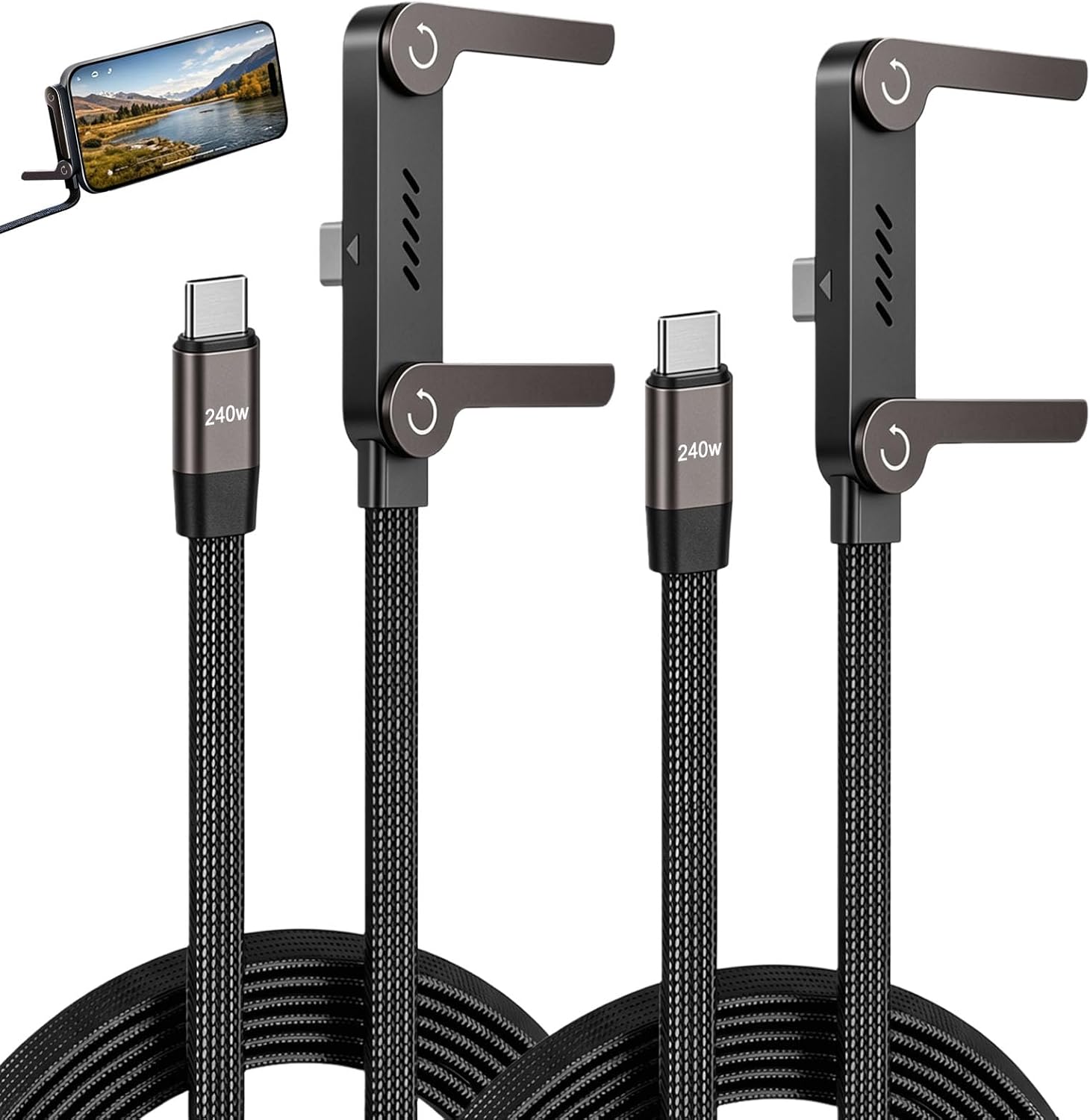 2er-pack 2-in-1 240w Usb-c Ladekabel Mit Unsichtbarem Seitenständer Schnellladekabel Mit Integrierter Handyhalterung Für Smartphones, Tablets, Laptops, Macbooks Und 1,5 M Langes, Geflochtenes Kabel