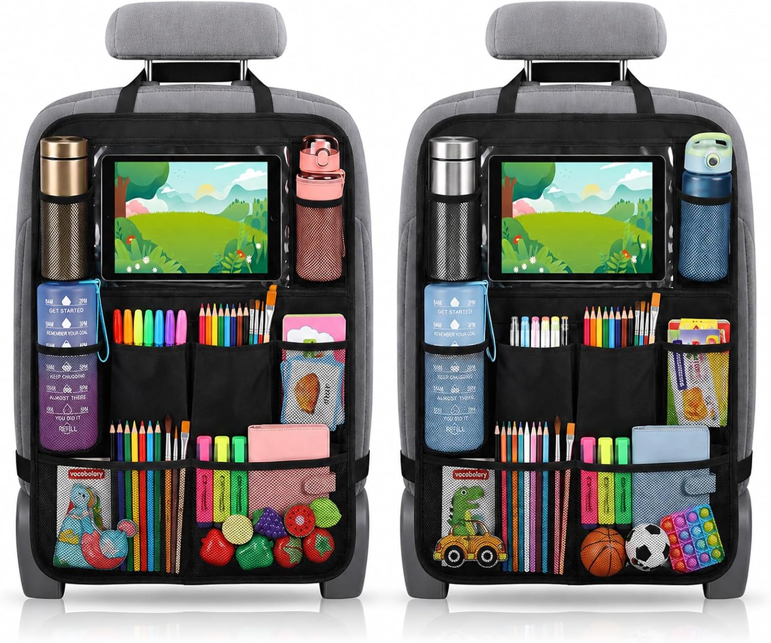 Set Mit 2 Kindersitz-rückenlehnenbezügen Mit Tasche Für Ein 10-zoll-ipad/tablet, 10 Weiteren Taschen, Aufbewahrungsmöglichkeiten Für Kinderspielzeug, Wasserdichtes Oxford-gewebe