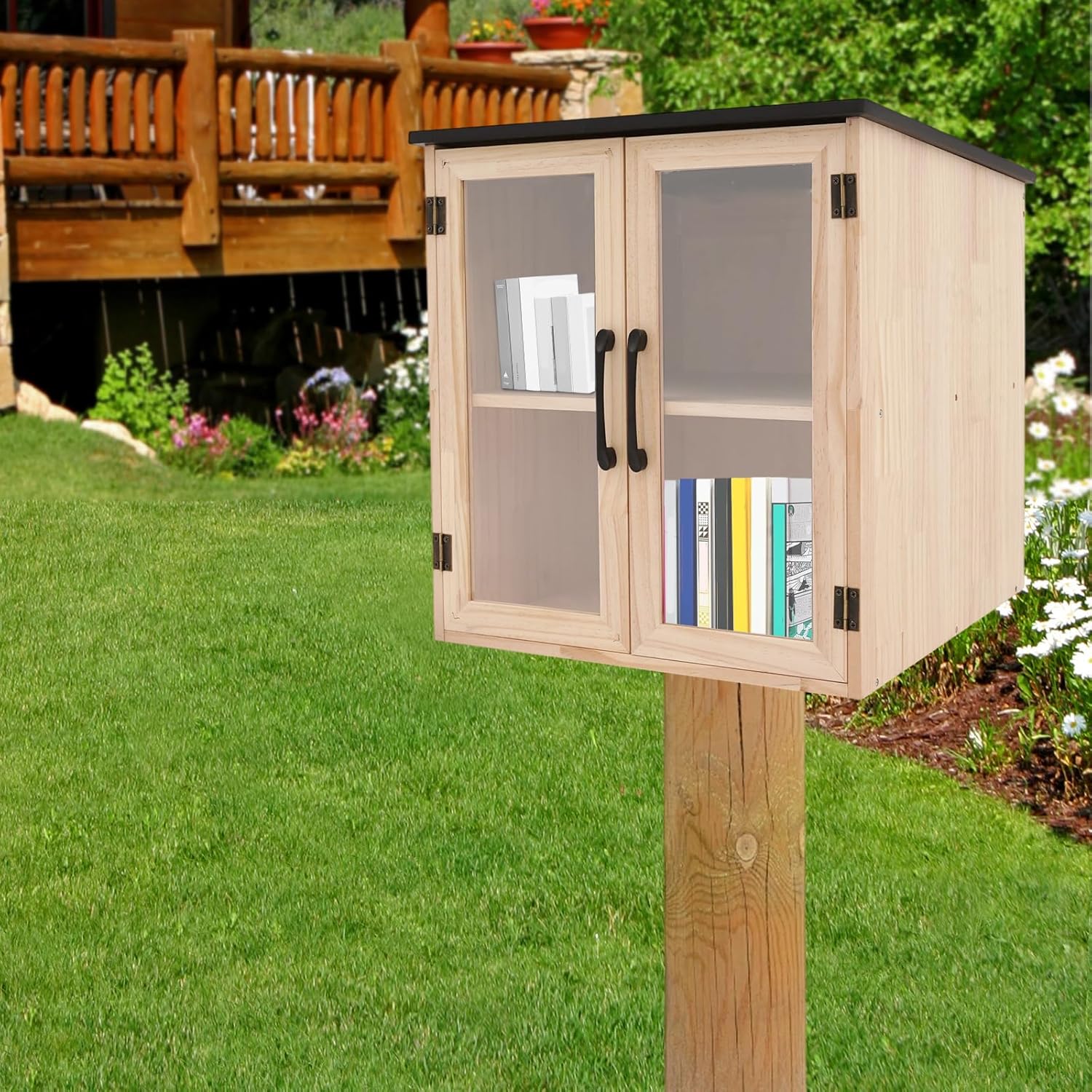 Mini Book Cabinet Box Indoor, Book Exchange Cabinet- Solid Wood Community Sharing Box For Neighborhoods, Schools Reading & Sharing Books (18.5"×18.5"×18.5")