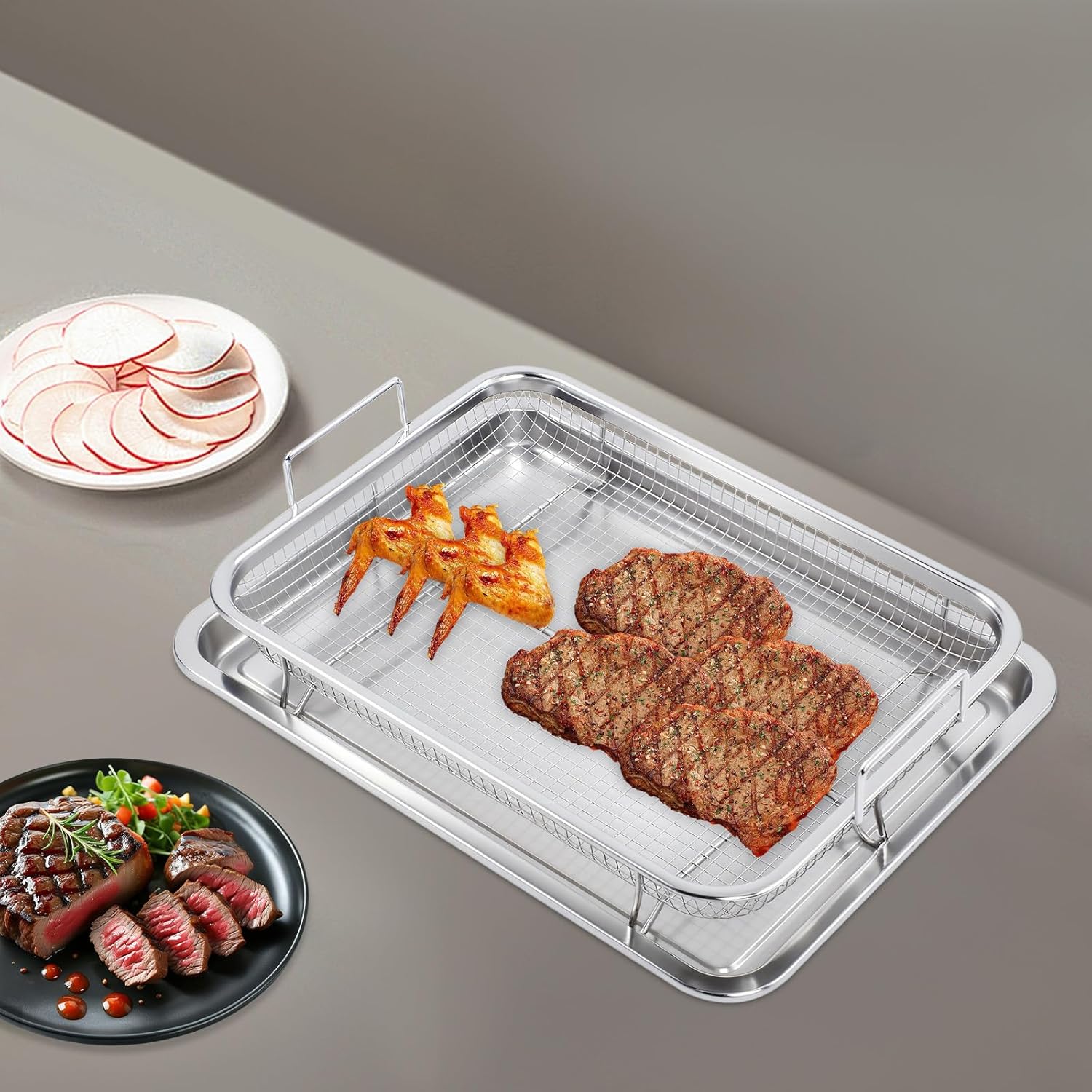 Knusperkorb Set Für Backofen, 2-teilig Ofenkorb Mit Gitter Und Auffangschale, Antihaft Backblech Für Heißluft Friteuse, Korb Für Knuspriges Gemüse Und Pommes, 32.5 Cm (silber)