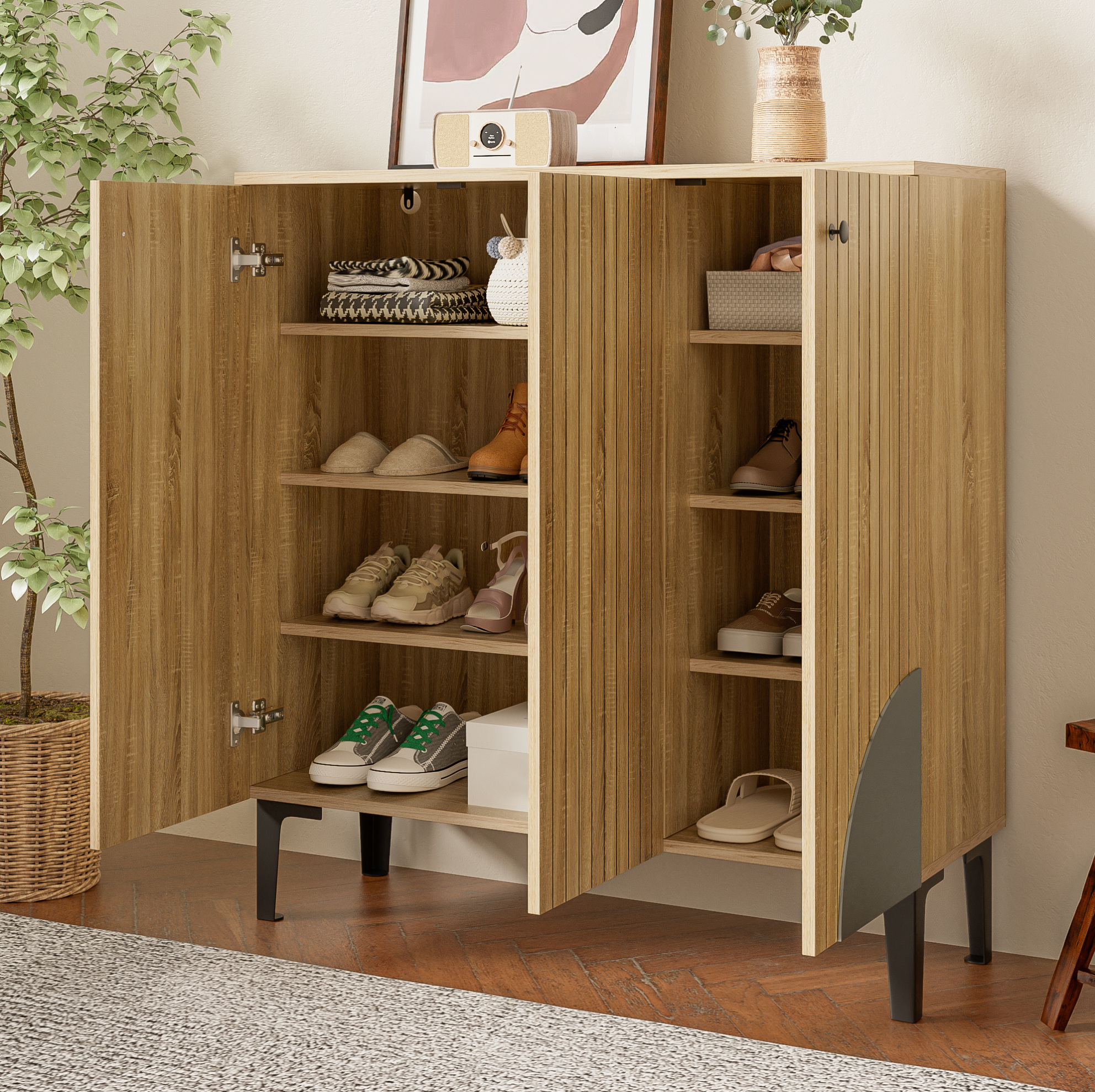 Schuhschrank 90x32x94 Cm Holzfarben Aus Spanplatte Mit Stauraum Und Ablage