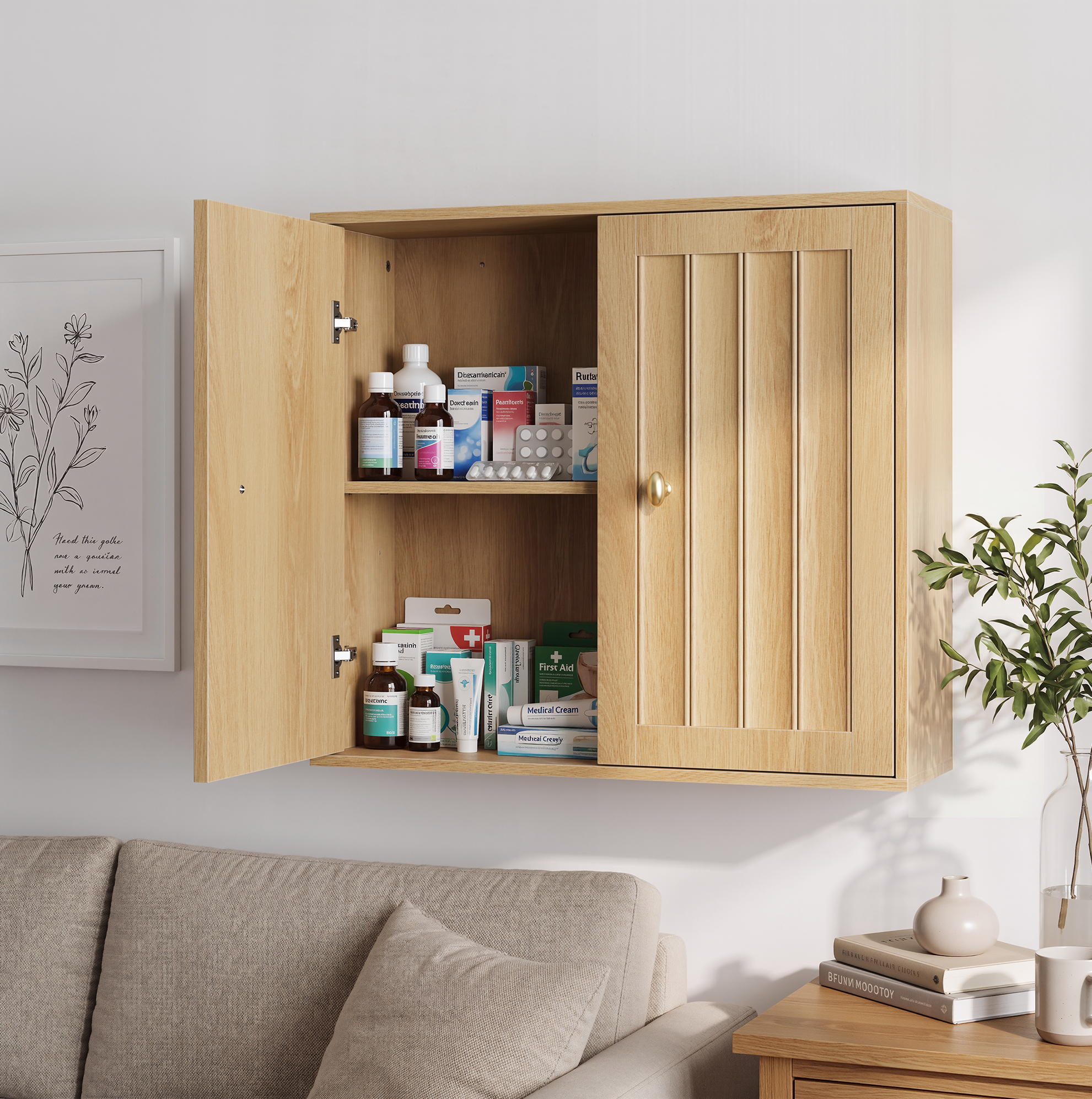 Badezimmer-wandschrank 61.5x20x56 Cm Eiche Aus Mdf Und Spanplatte Mit 2 Türen Und Vertikalem Rillendesign