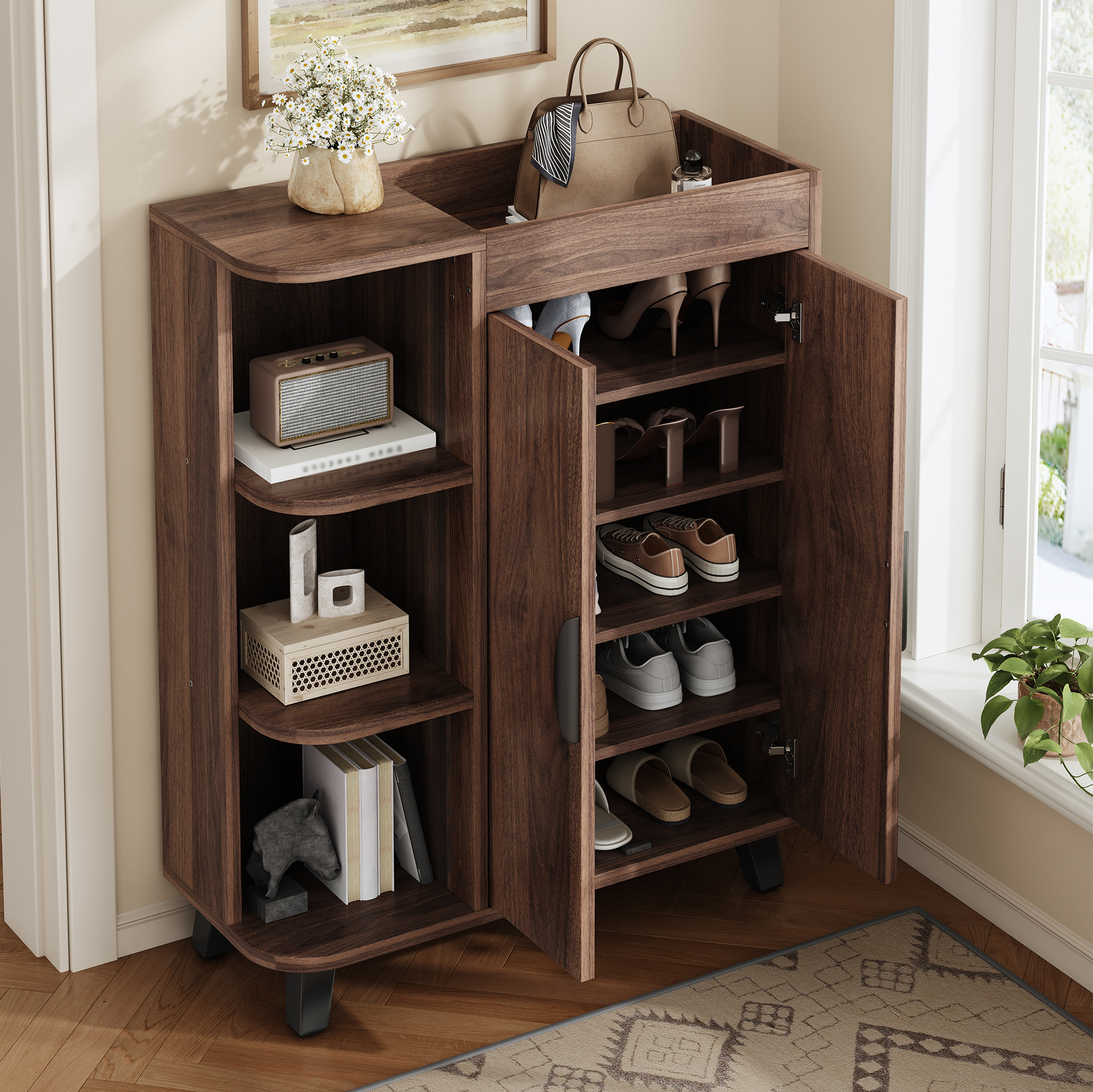 Schuhschrank 80x32x99 Cm Walnuss Aus Spanplatte Mit Offenen Fächern Und Ablage