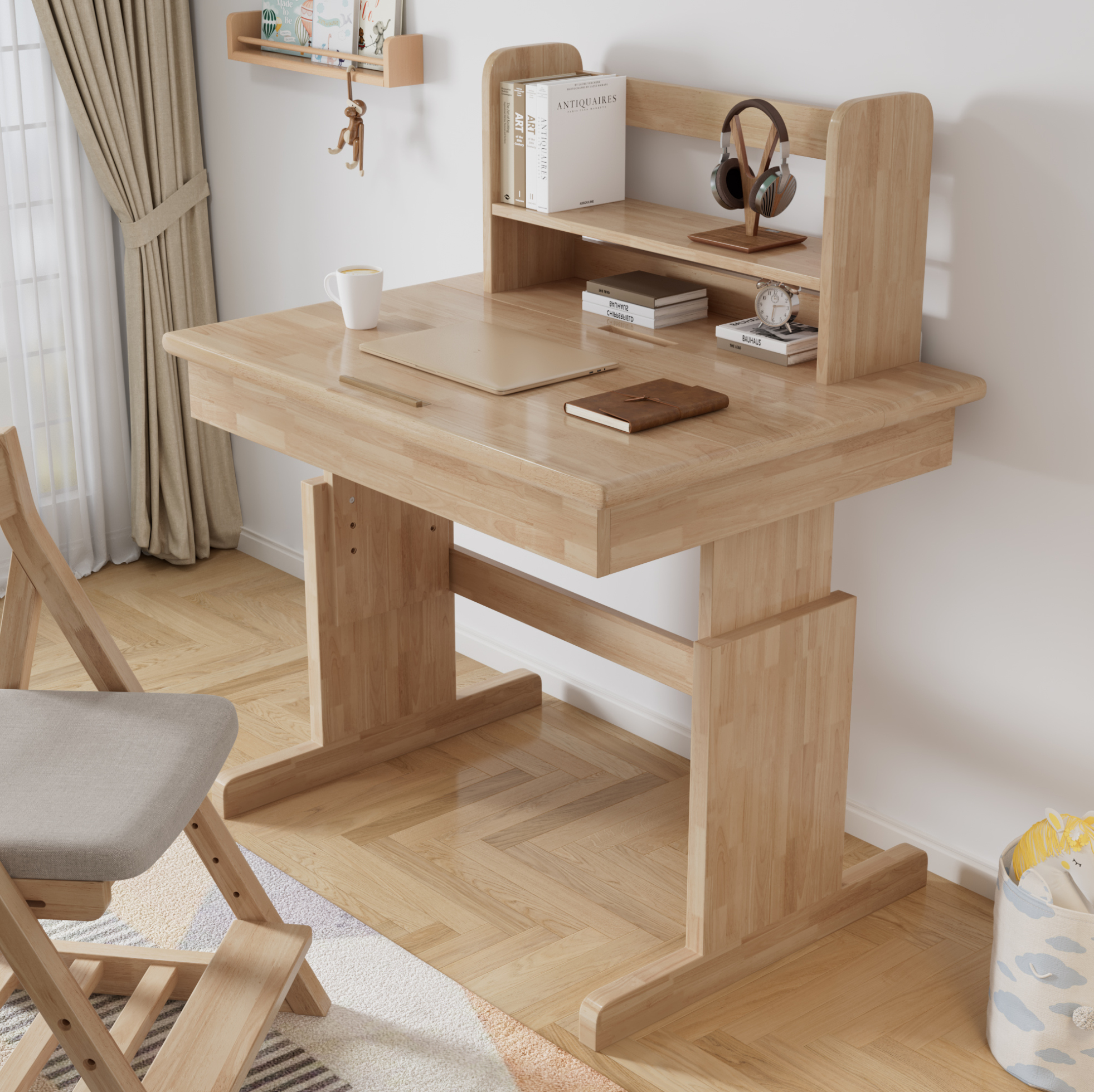 Kinderschreibtisch 80x60x94 Cm Natur Aus Holz Höhenverstellbar Mit Klappbarer Tischplatte