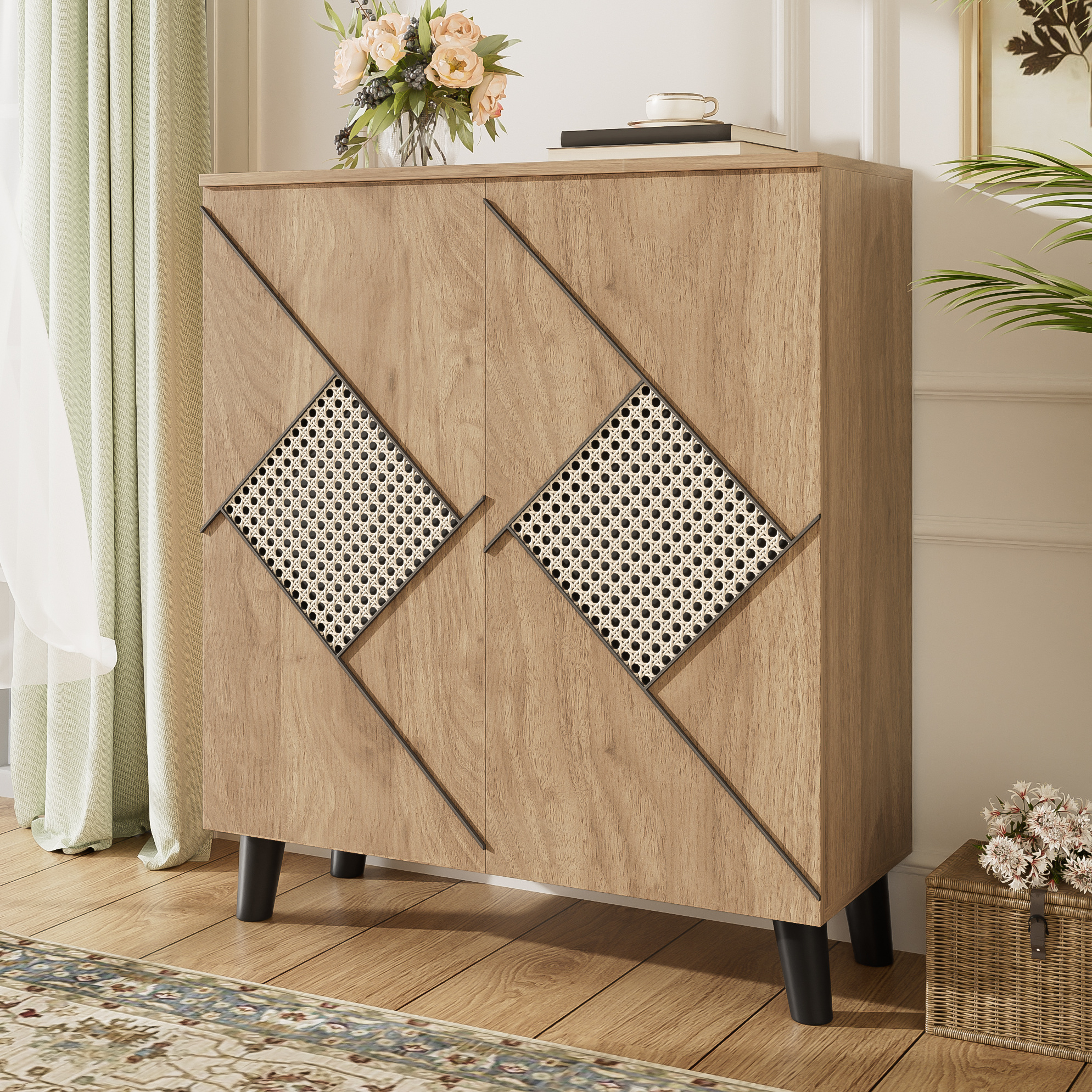 Schuhschrank 80x32x91 Cm Holzoptik Aus Spanplatte Mit Dekorativem Rattanmuster Und Geschlossenen Türen