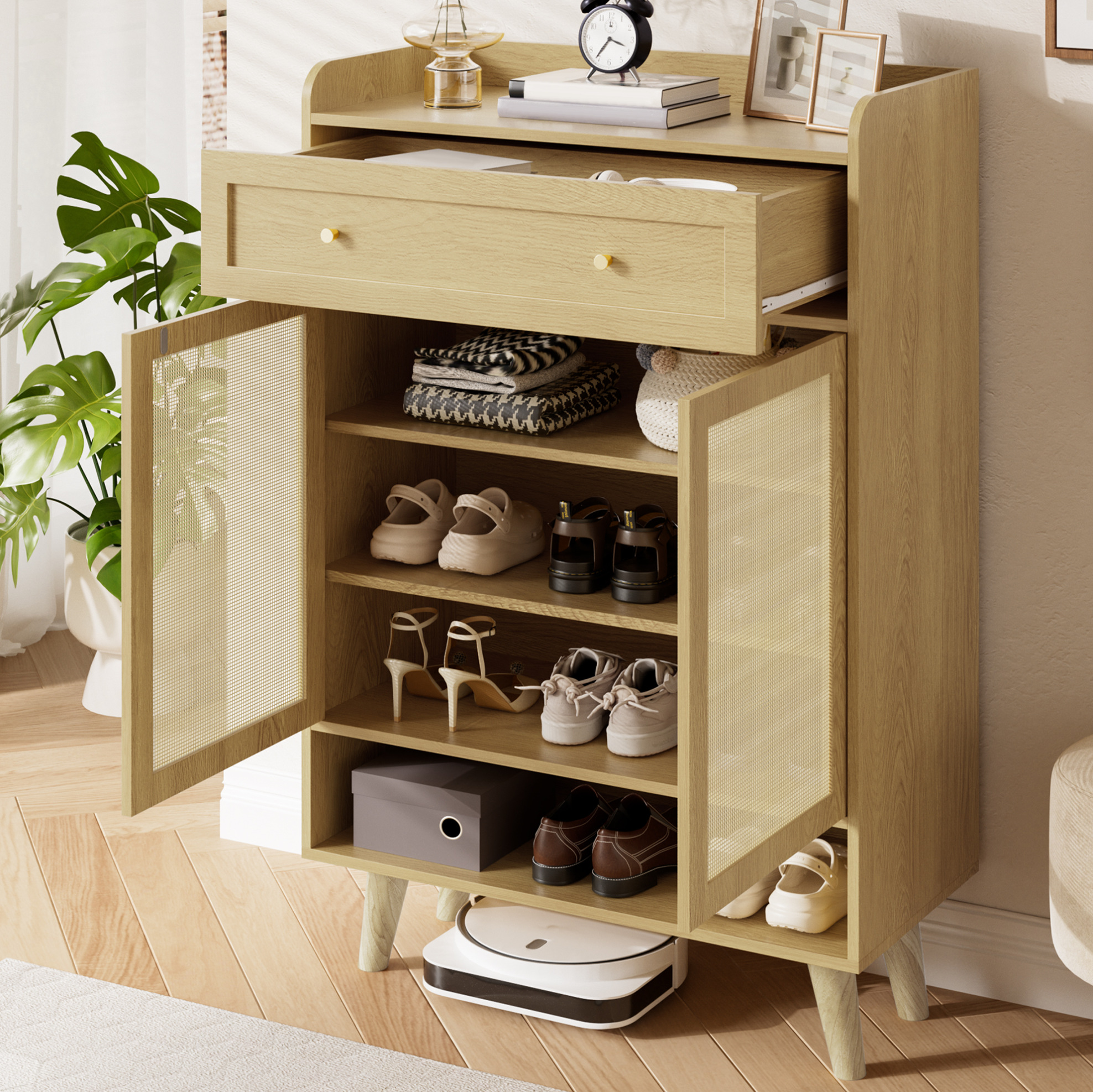 Schuhschrank 80x35x105 Cm In Hellbraun Aus Spanplatte Mit Verstellbaren Böden, Push-to-open Und Kippsicherung