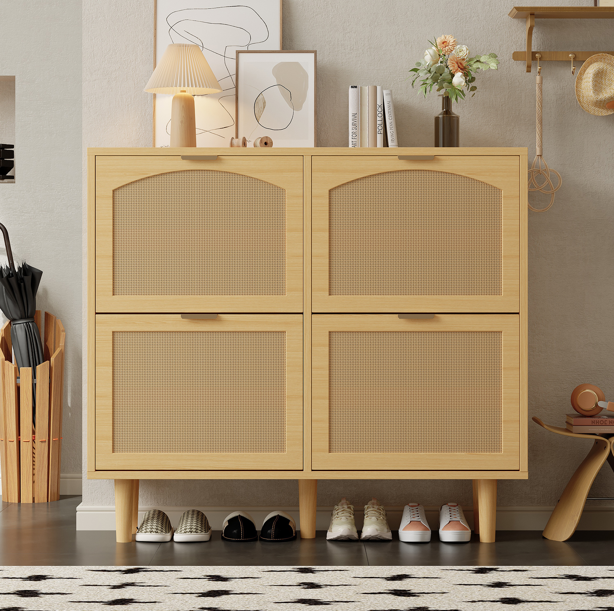 Schuhschrank 100x25x90 Cm Eiche Hell Aus Spanplatte Mit Rattangittern, Verstellbaren Böden Und Holzgriffen
