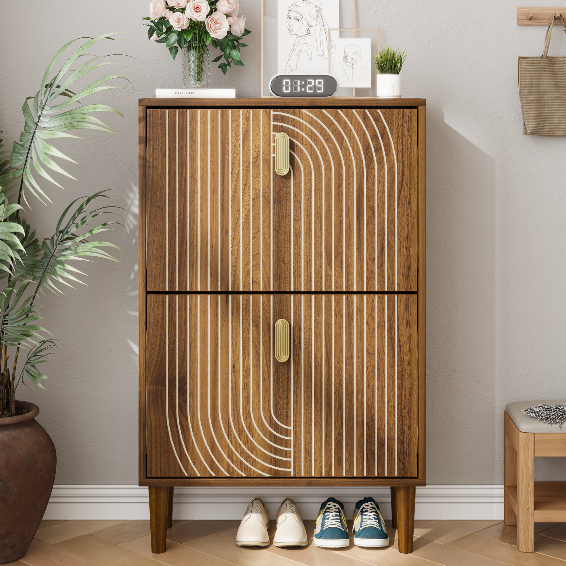 Schuhschrank 60x24x102 Cm Braun Aus Mdf Und Spanplatte Mit 2 Klapptüren, Verstellbaren Regalböden Und Metallgriffen