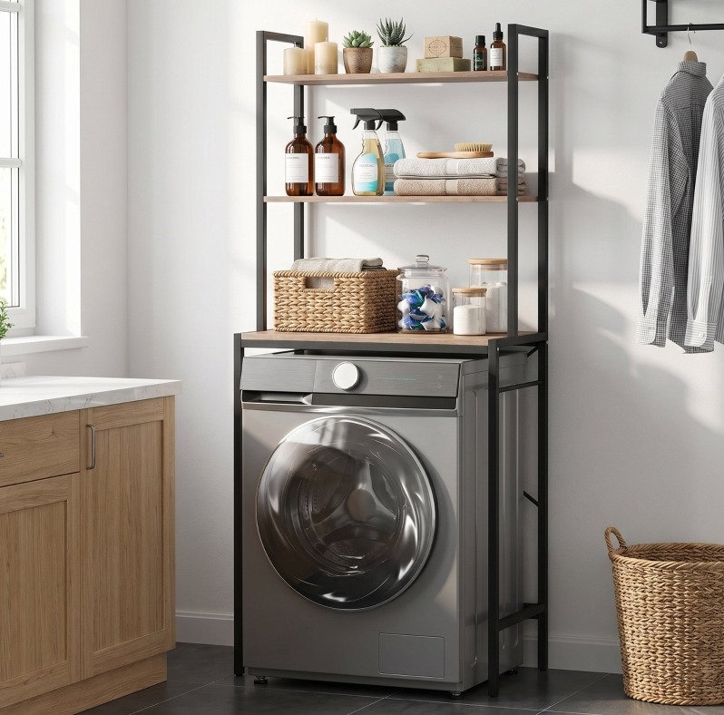 Waschmaschinenregal 67x40x161.8 Cm Braun Aus Metall Mit 3 Ablagen Und Trockenstange