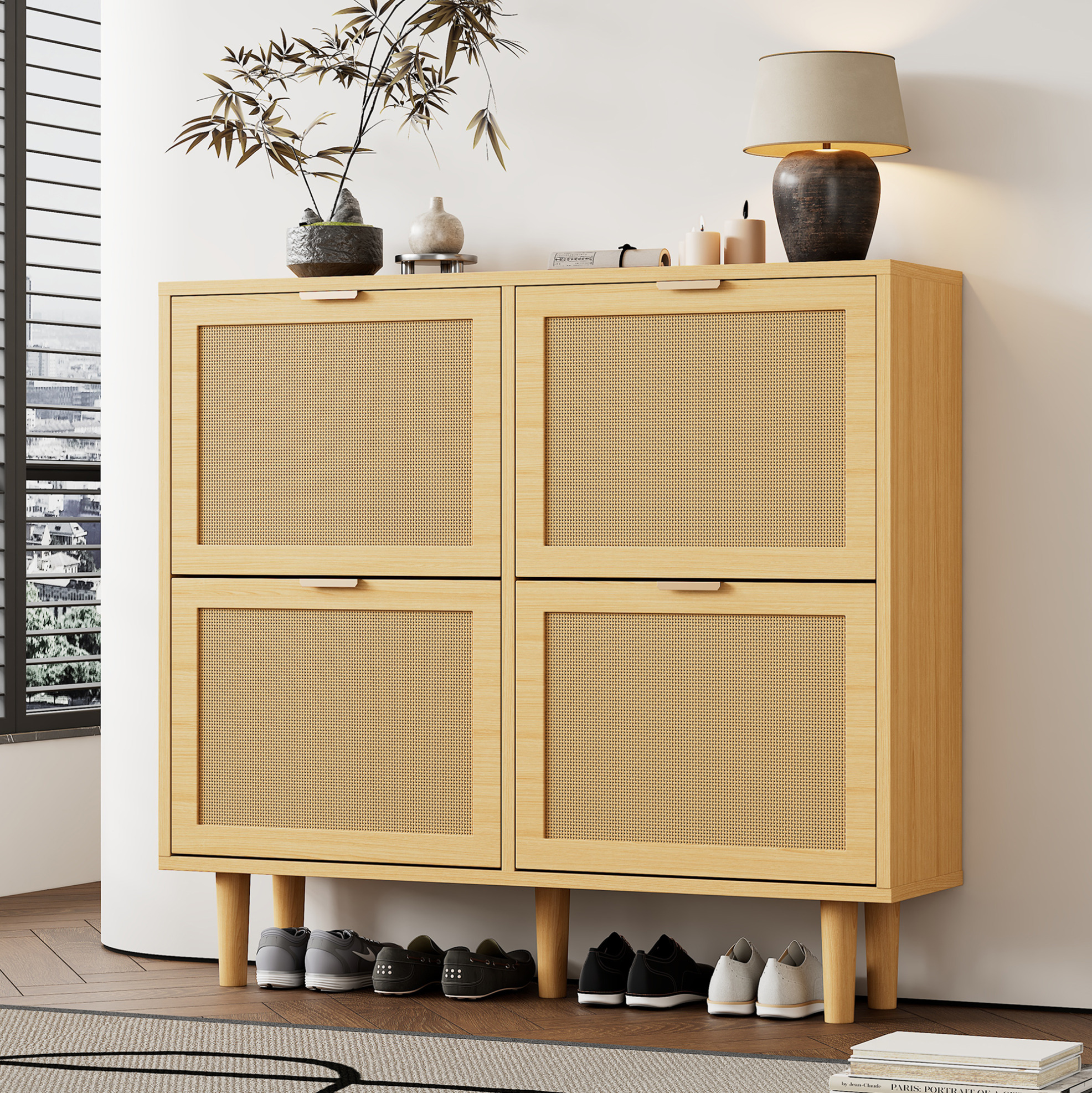 Schuhschrank 100x25x90 Cm Helle Eiche Aus Spanplatte Mit Rattantüren Und Holzgriffen, Platzsparend