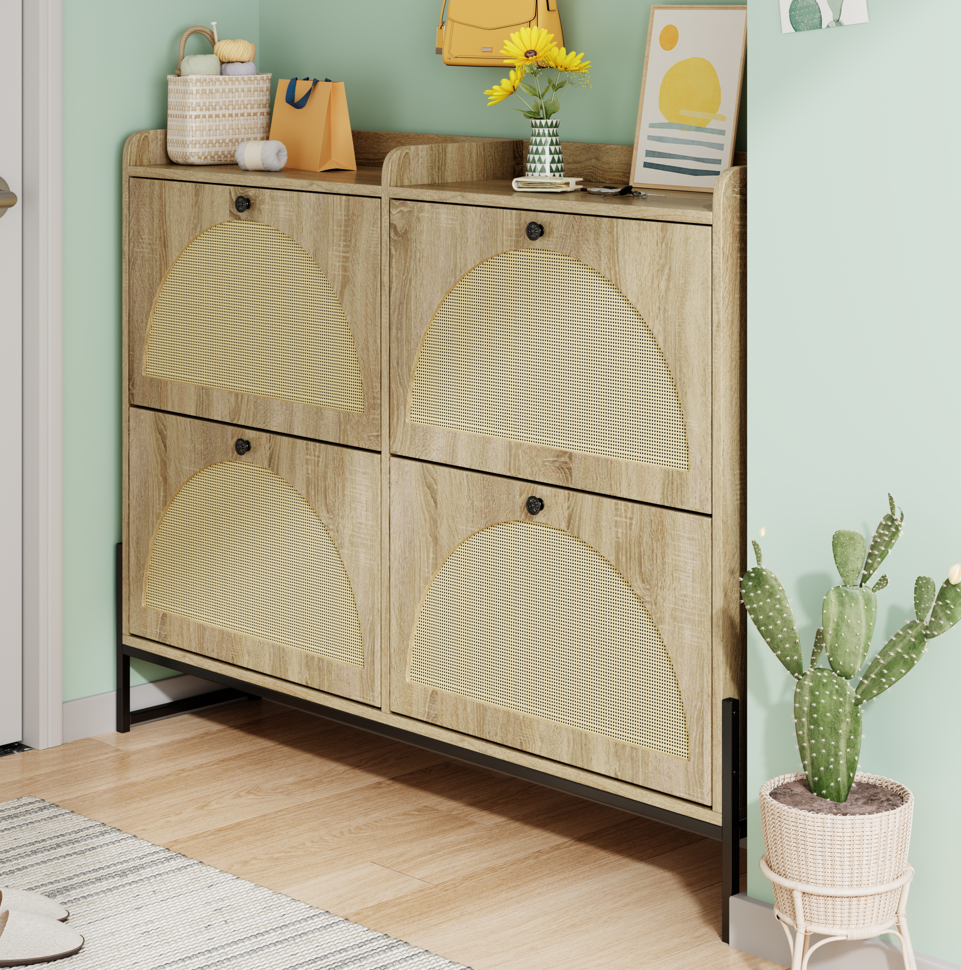 Schuhschrank 121x25x91,5 Cm Naturfarben Aus Spanplatte Mit Abgerundeten Kanten, Pe-rattan-türen Und Belüftung