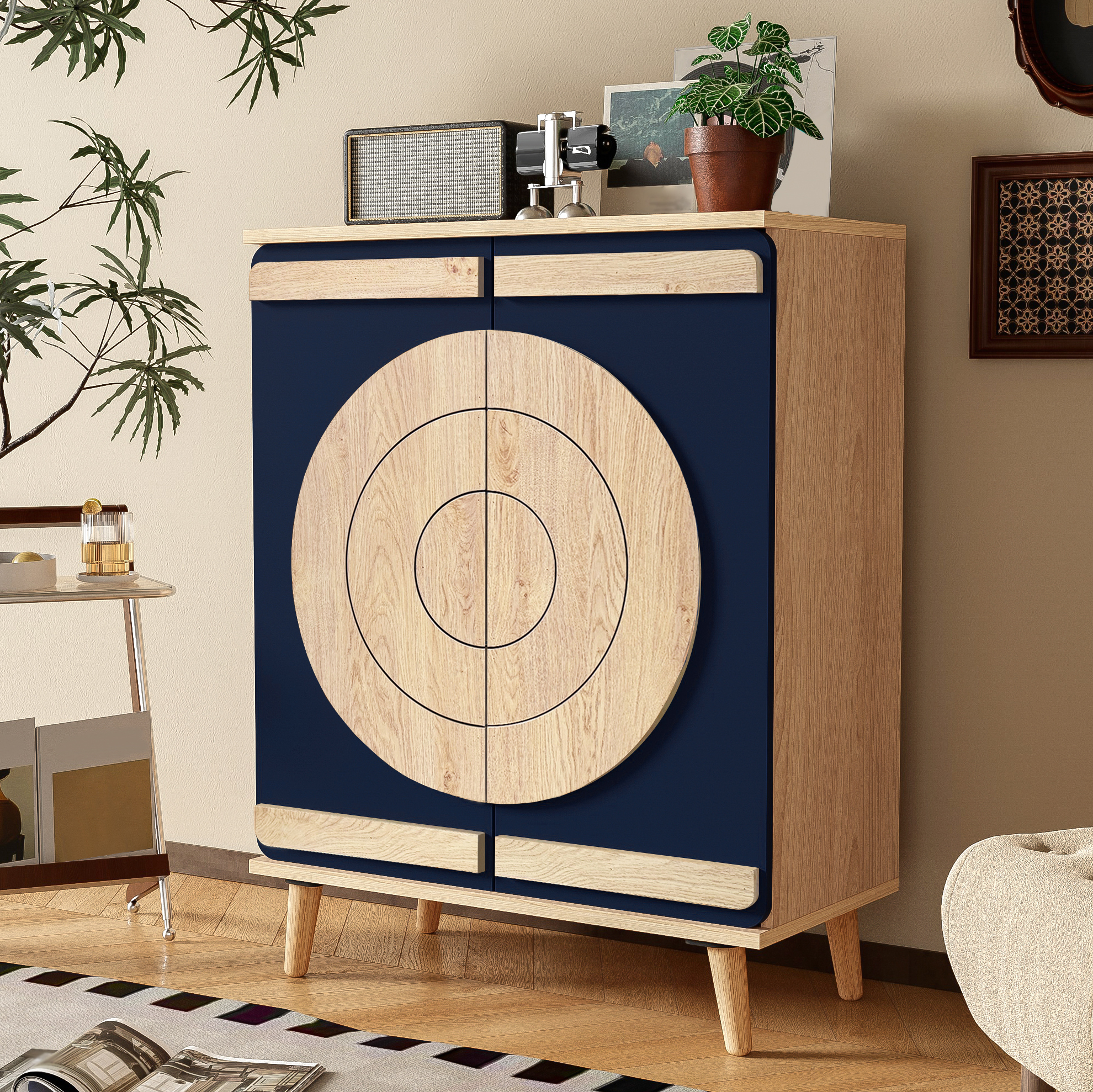 Schuhschrank 76x37x98.5 Cm Blau Und Natur Aus Spanplatte Mit Geometrischen Türen Und Mehrstufigem Stauraum