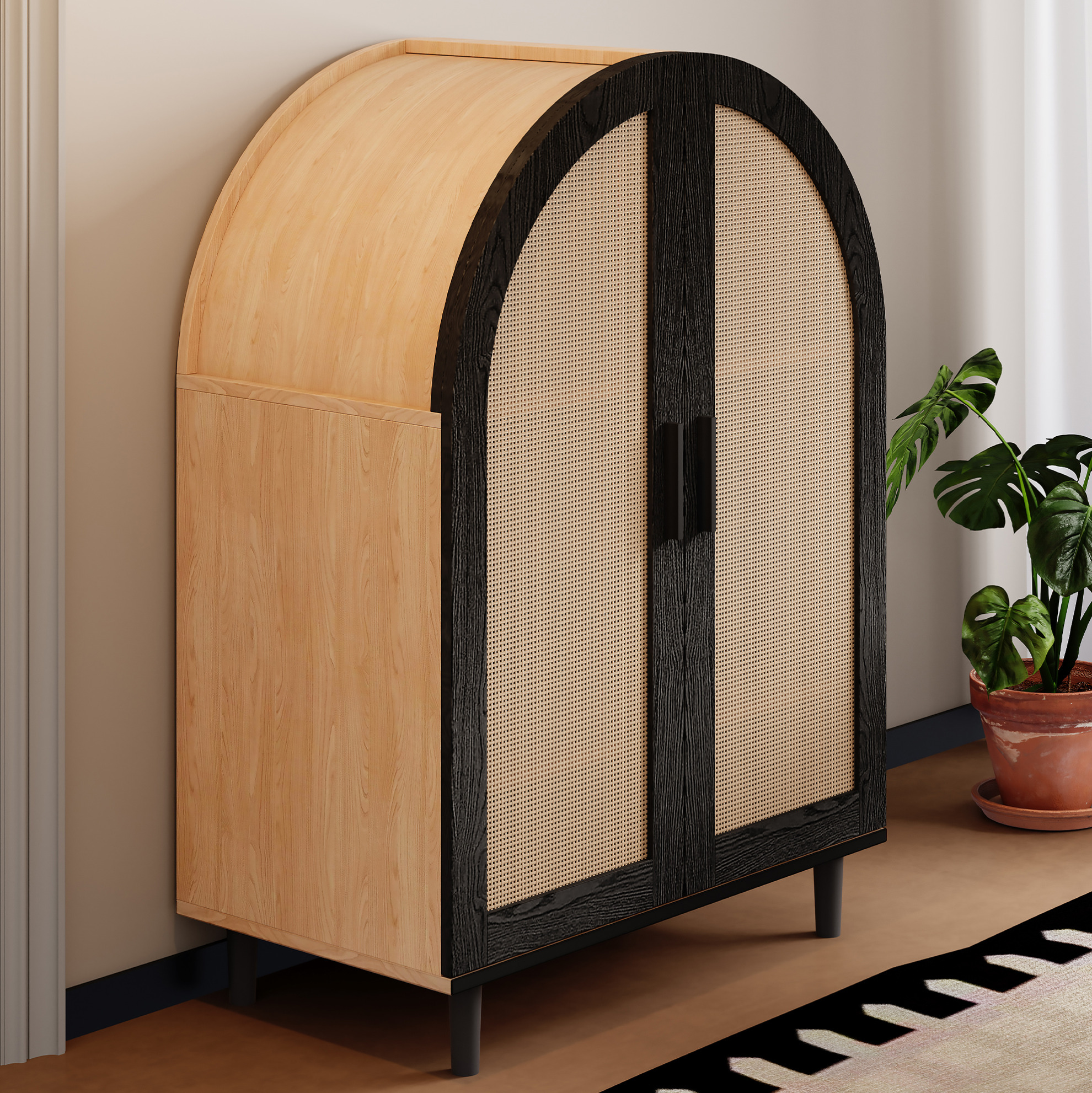 Schuhschrank 70x40x100 Cm Natur/schwarz Aus Mdf Und Spanplatte Mit Rattantüren Und Verstellbaren Einlegeböden
