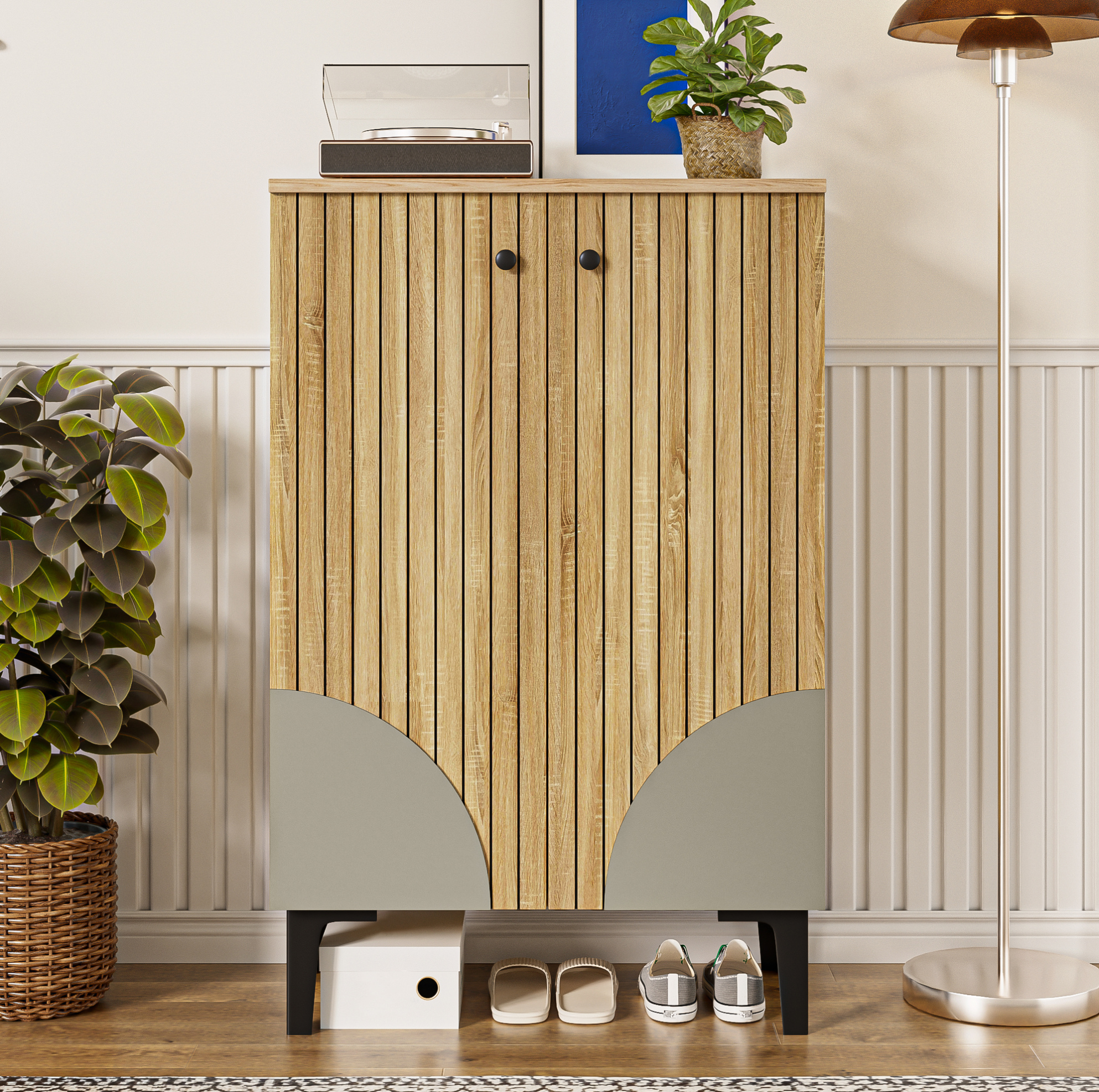 Schuhschrank 60x32x94 Cm Naturfarben Aus Mdf, Spanplatte Und Pvc Mit Türen Und Stauraum