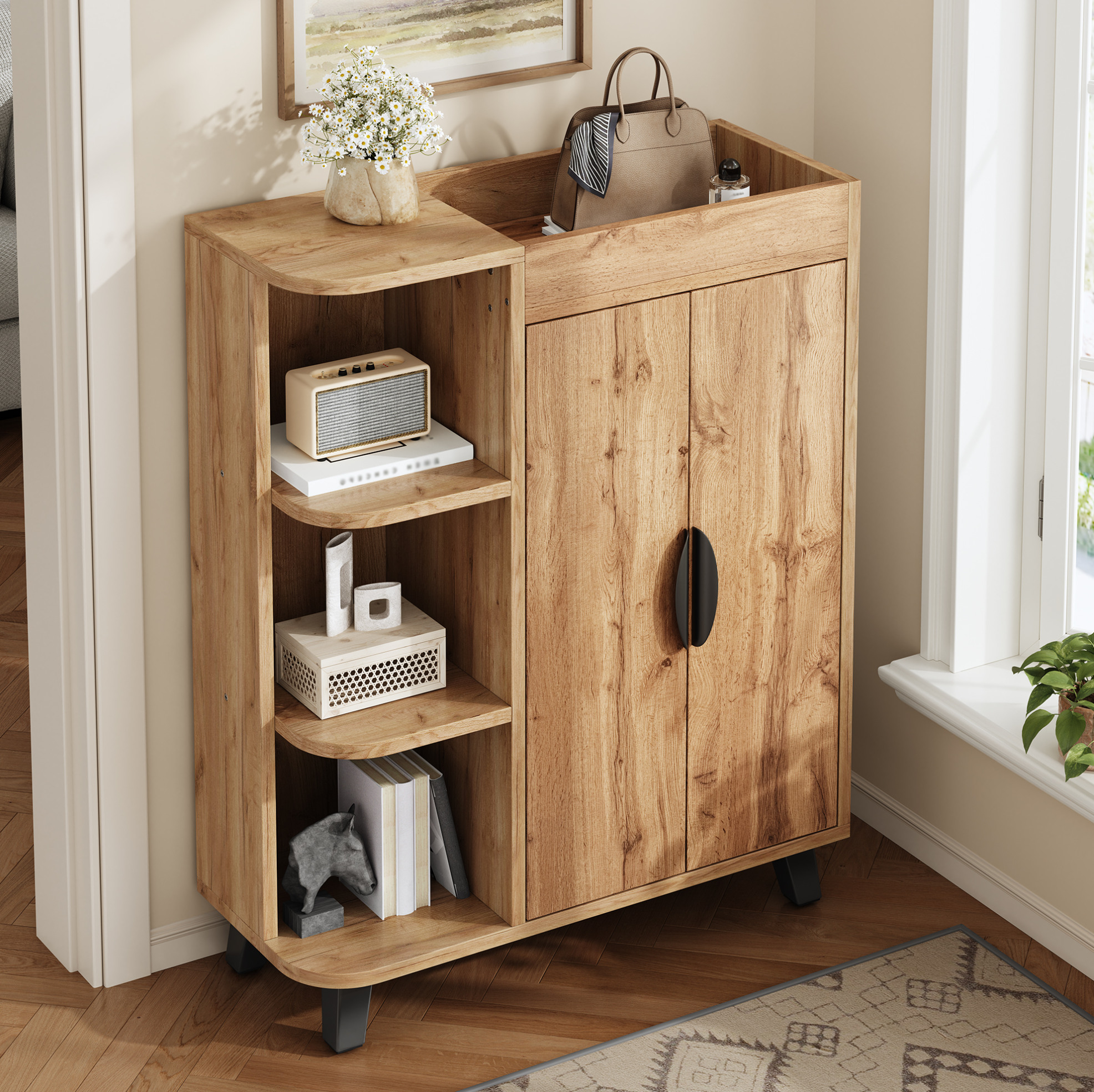 Schuhschrank 80x32x99 Cm Natur In Holzoptik Aus Spanplatte Mit Offenen Fächern Und Ablage
