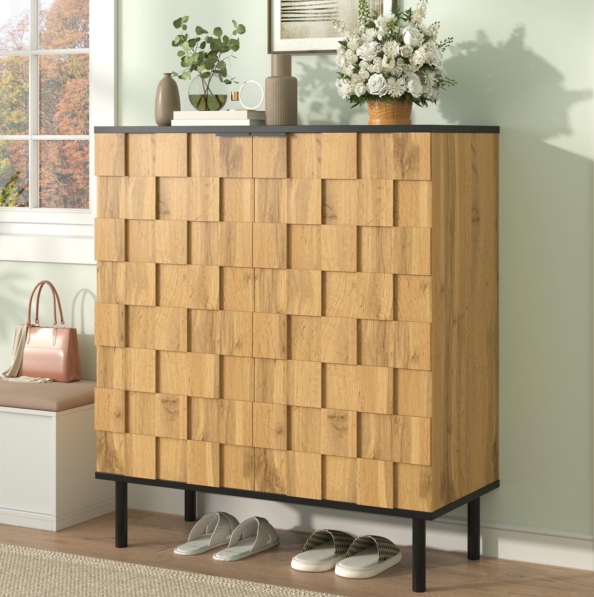 Schuhschrank 80x35x91.5 Cm Natur In Holzoptik Aus Spanplatte Mit Mosaik-türen Und Höhenverstellbaren Fächern