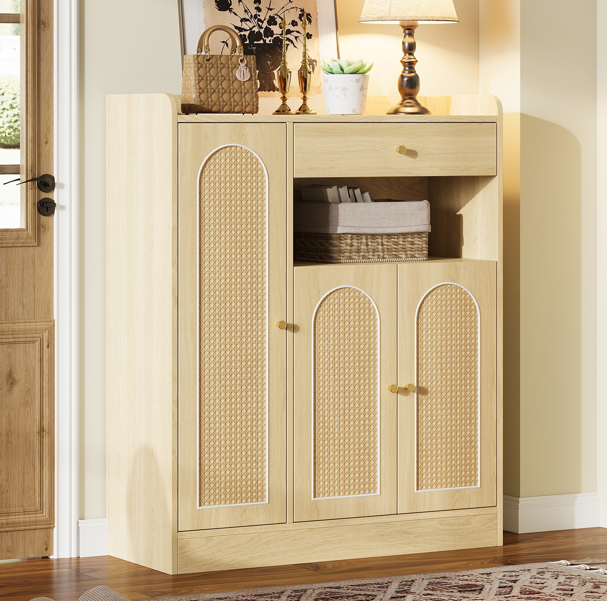 Rattan-schuhschrank 90x35x110 Cm Naturholz Aus Mdf Und Spanplatte Mit 1 Schublade, 3 Türen, Verstellbaren Regalen Und Kippsicherung