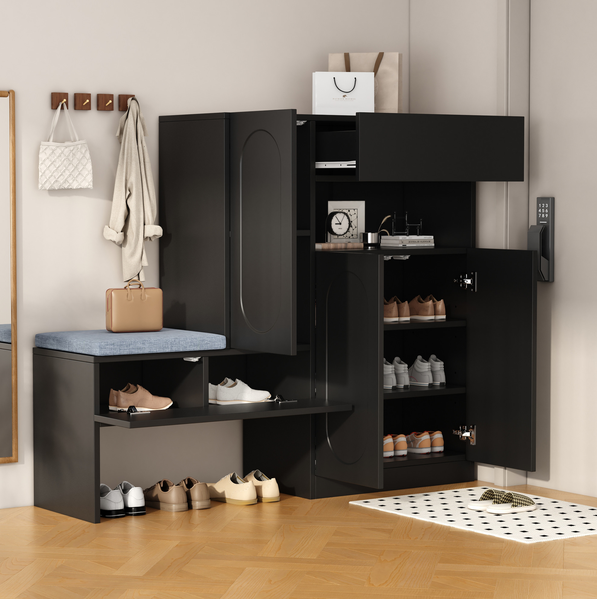 Schuhschrank 130x35x110 Cm Schwarz Aus Spanplatte Mit Sitzbank, Soft-close, Höhenverstellbaren Fächern Und Stauraum