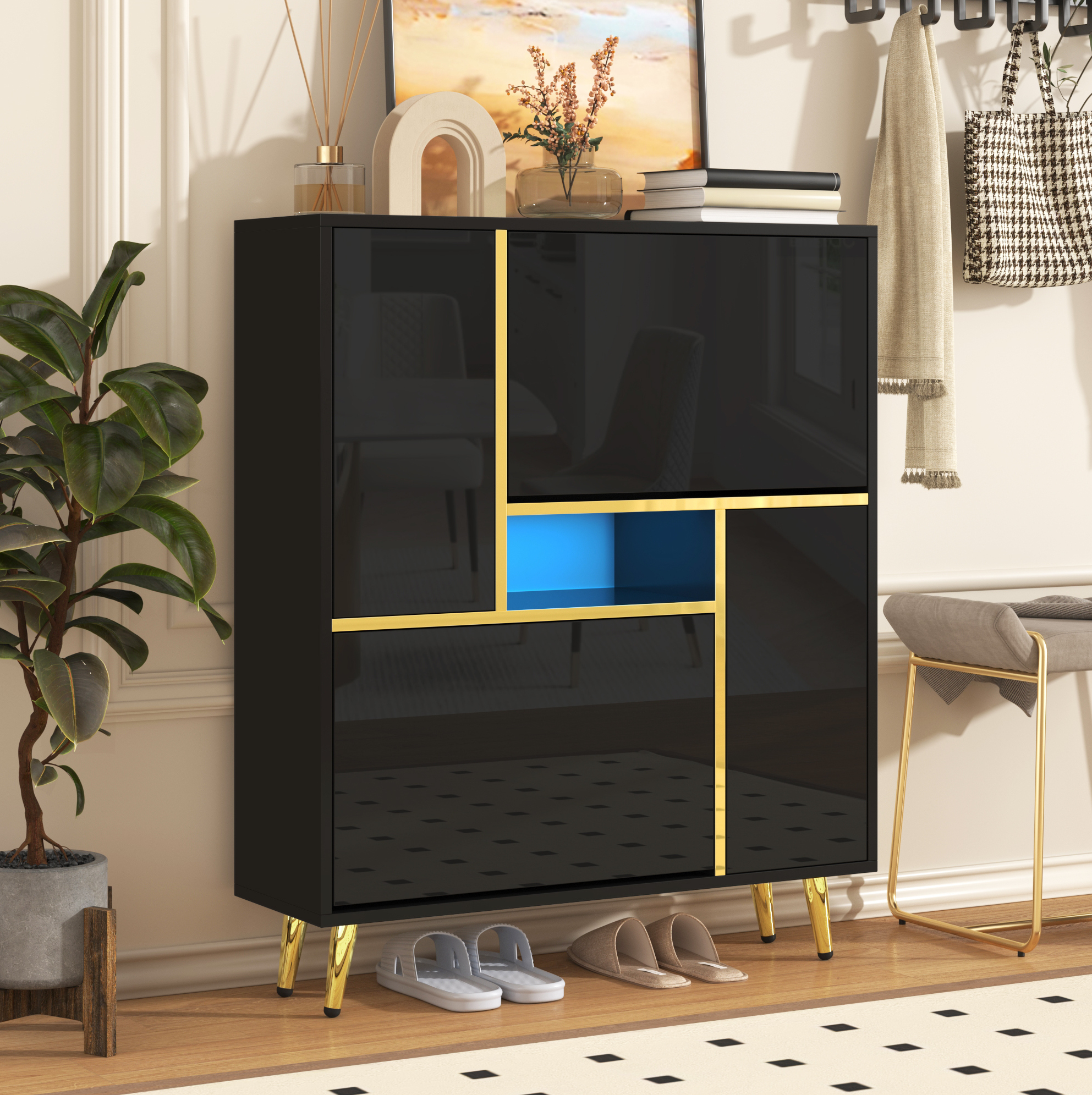 Schuhschrank 80x25x96 Cm Schwarz Aus Spanplatte Mit Hochglanzfront, Led-licht Und Verstellbaren Einlegeböden
