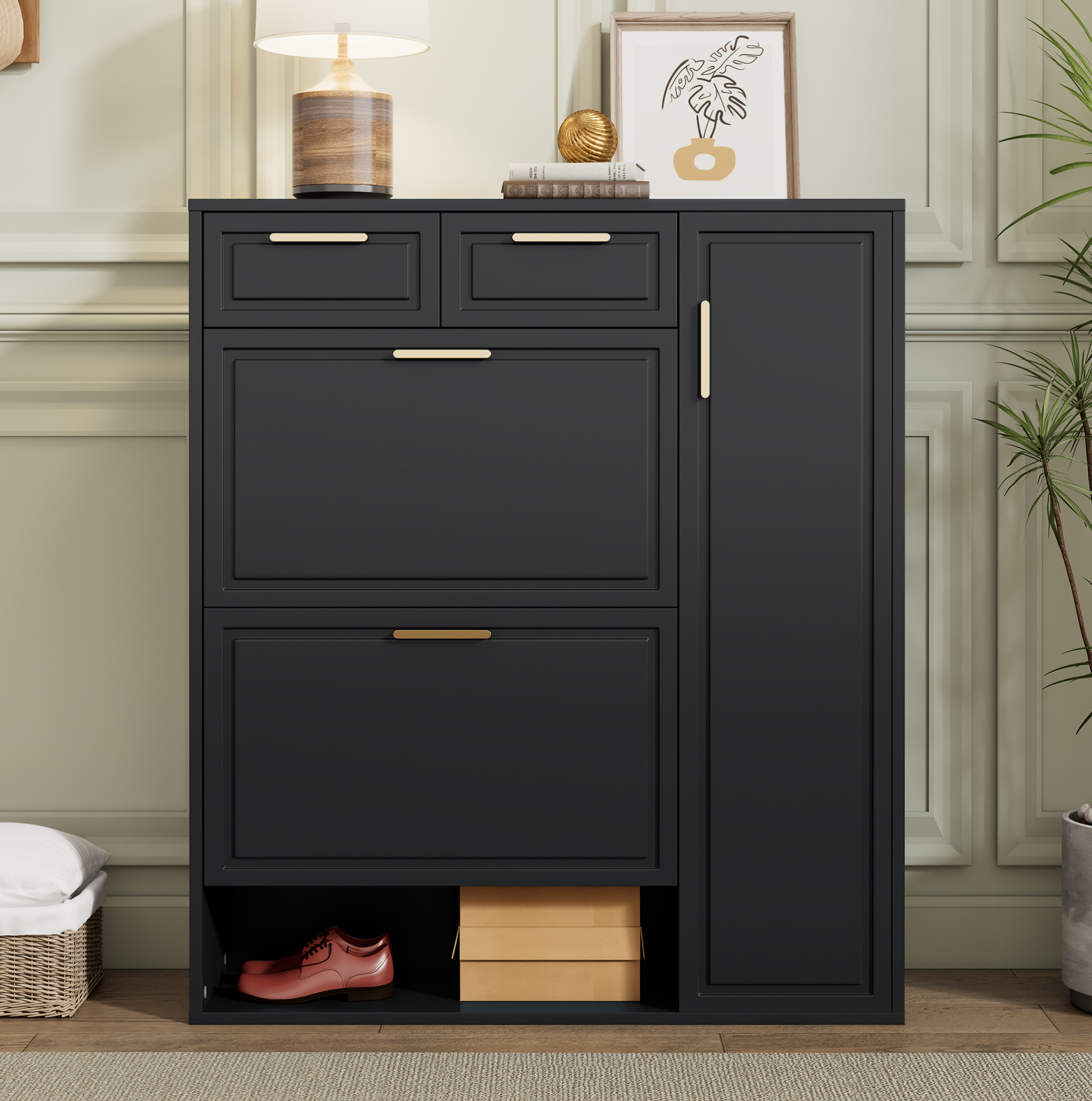 Schuhschrank 95x24x107 Cm Schwarz Aus Spanplatte Und Mdf Mit Verstellbaren Fächern, Schubladen Und Metallgriffen