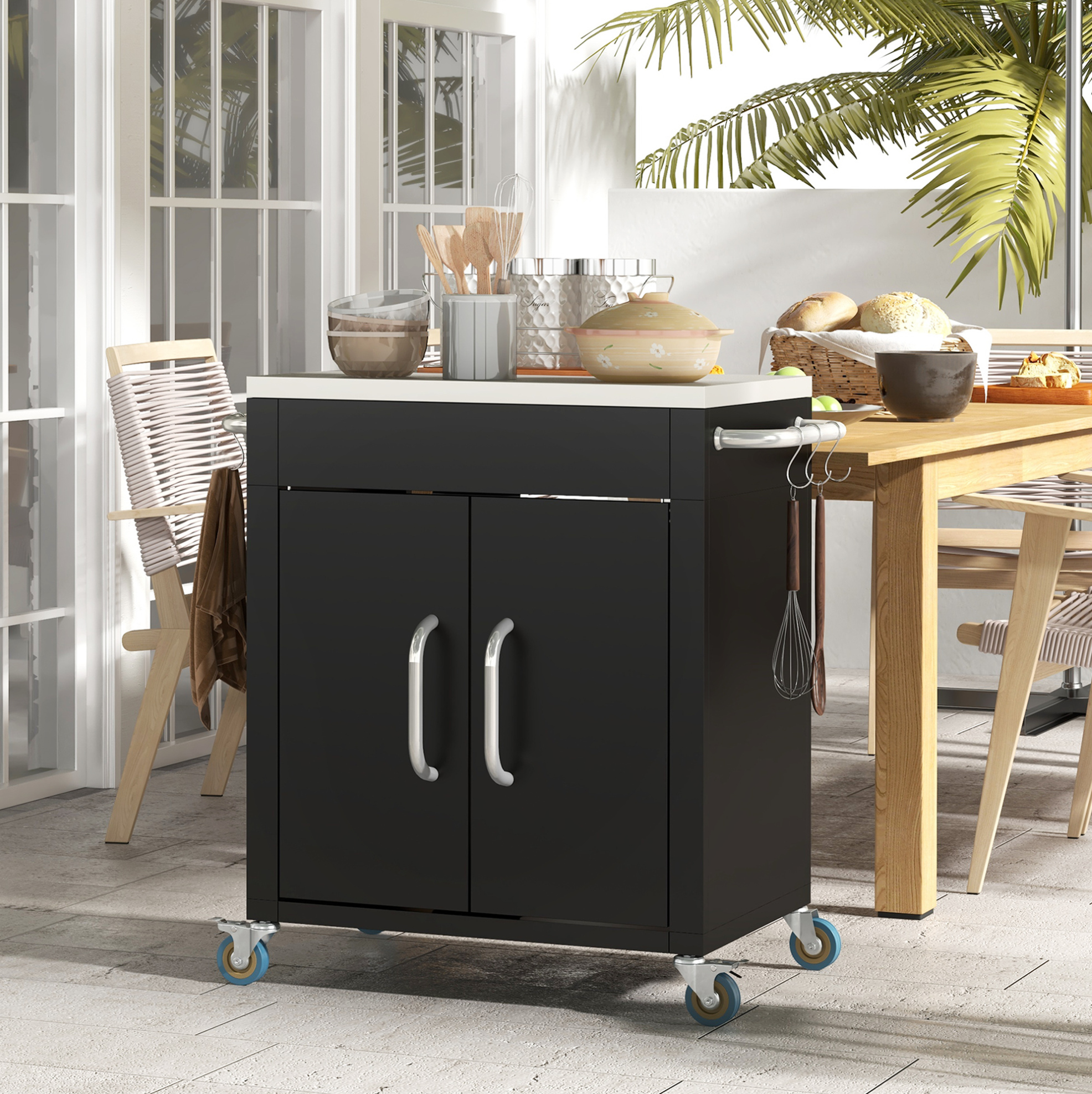 Küchenwagen 86x50x86,5 Cm Schwarz Aus Eisen Mit Edelstahlplatte, Rollen, Schrank Und Haken