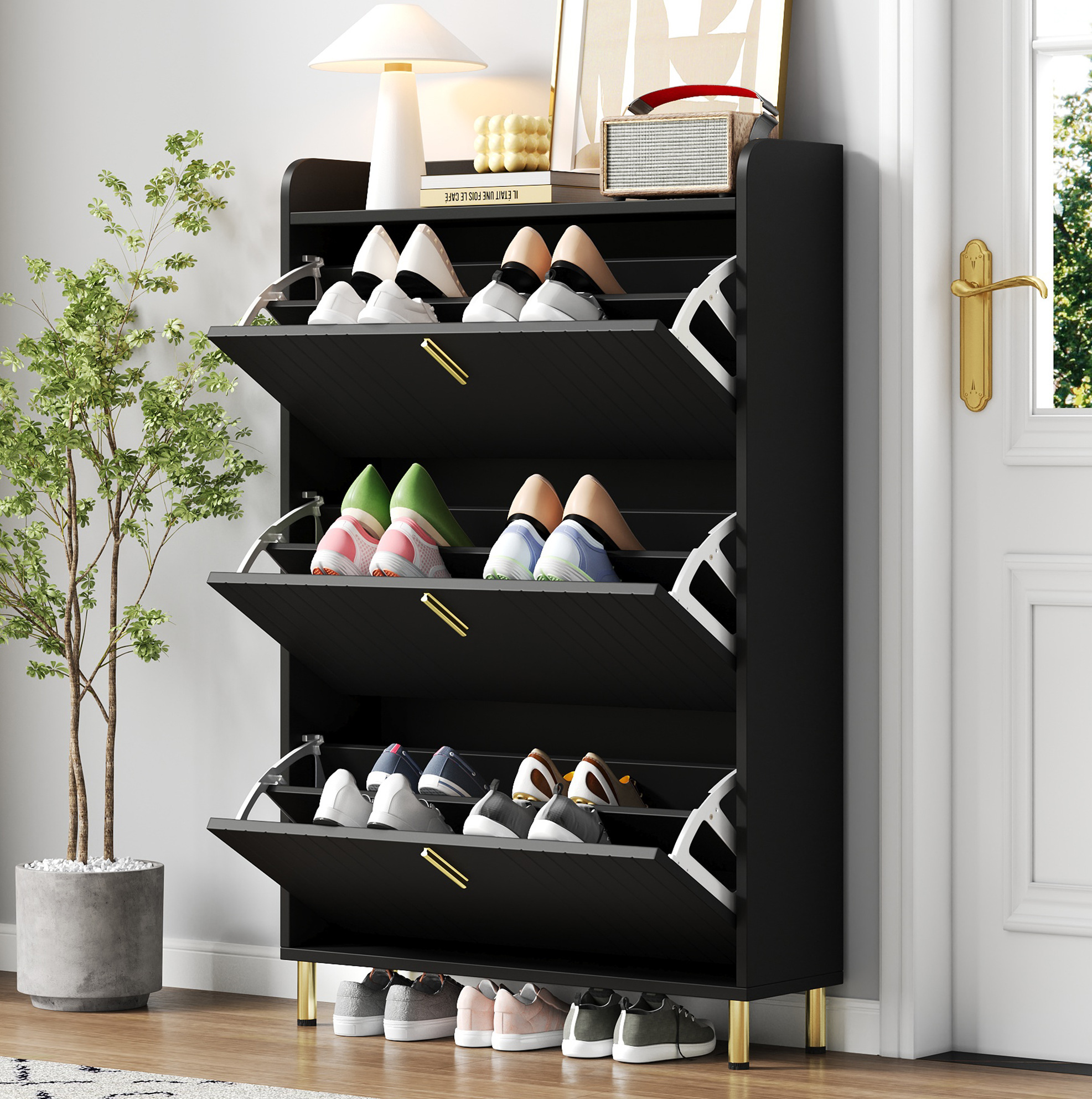 Schuhschrank 80x23x123.5 Cm Schwarz Aus Mdf Mit Goldfarbenem Metallsockel Und Verstellbaren Einlegeböden