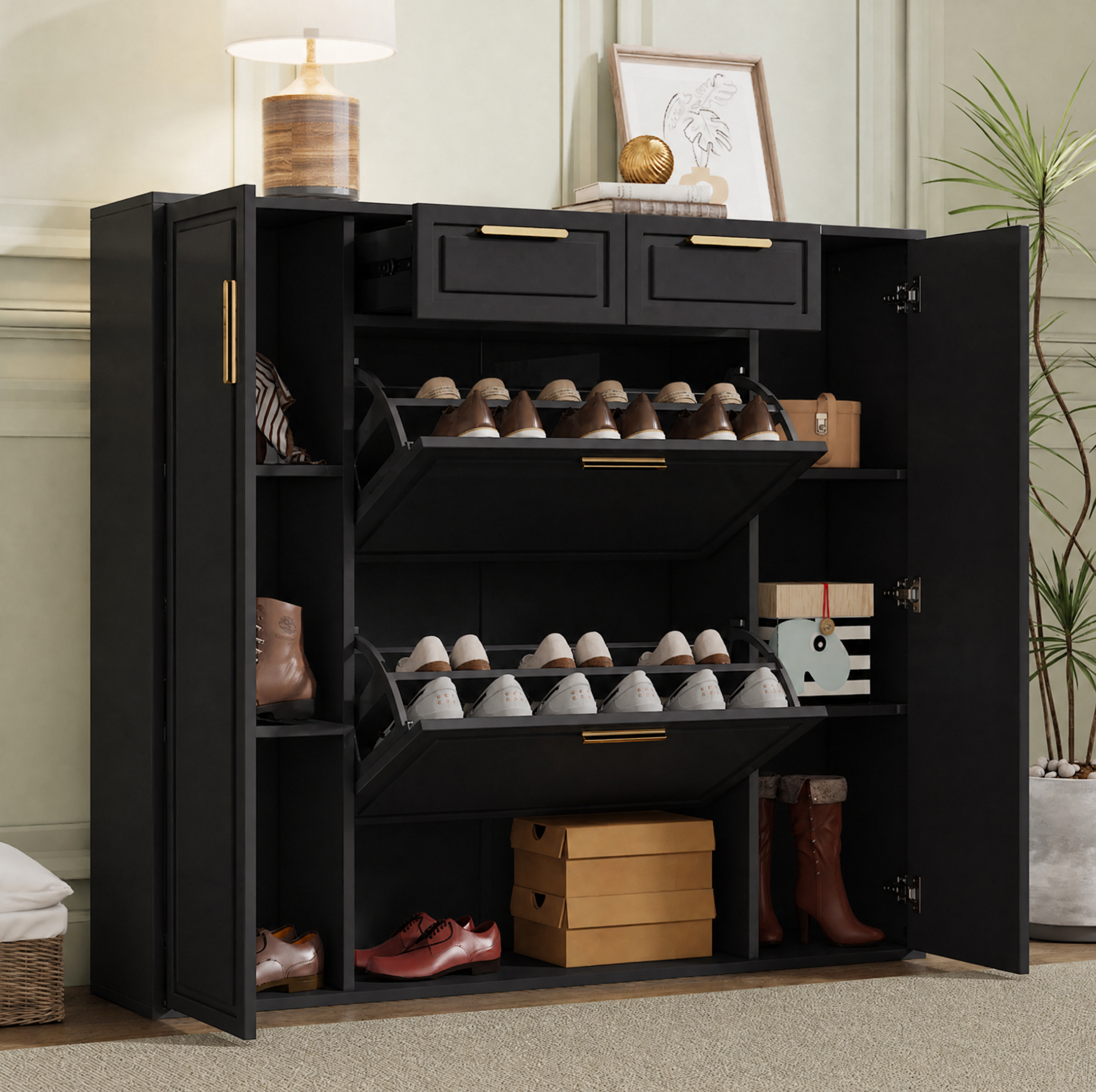 Schuhschrank 95x24x107.5 Cm Schwarz Aus Spanplatte Mit Verstellbaren Regalen, Schubladen Und Kippsicherung