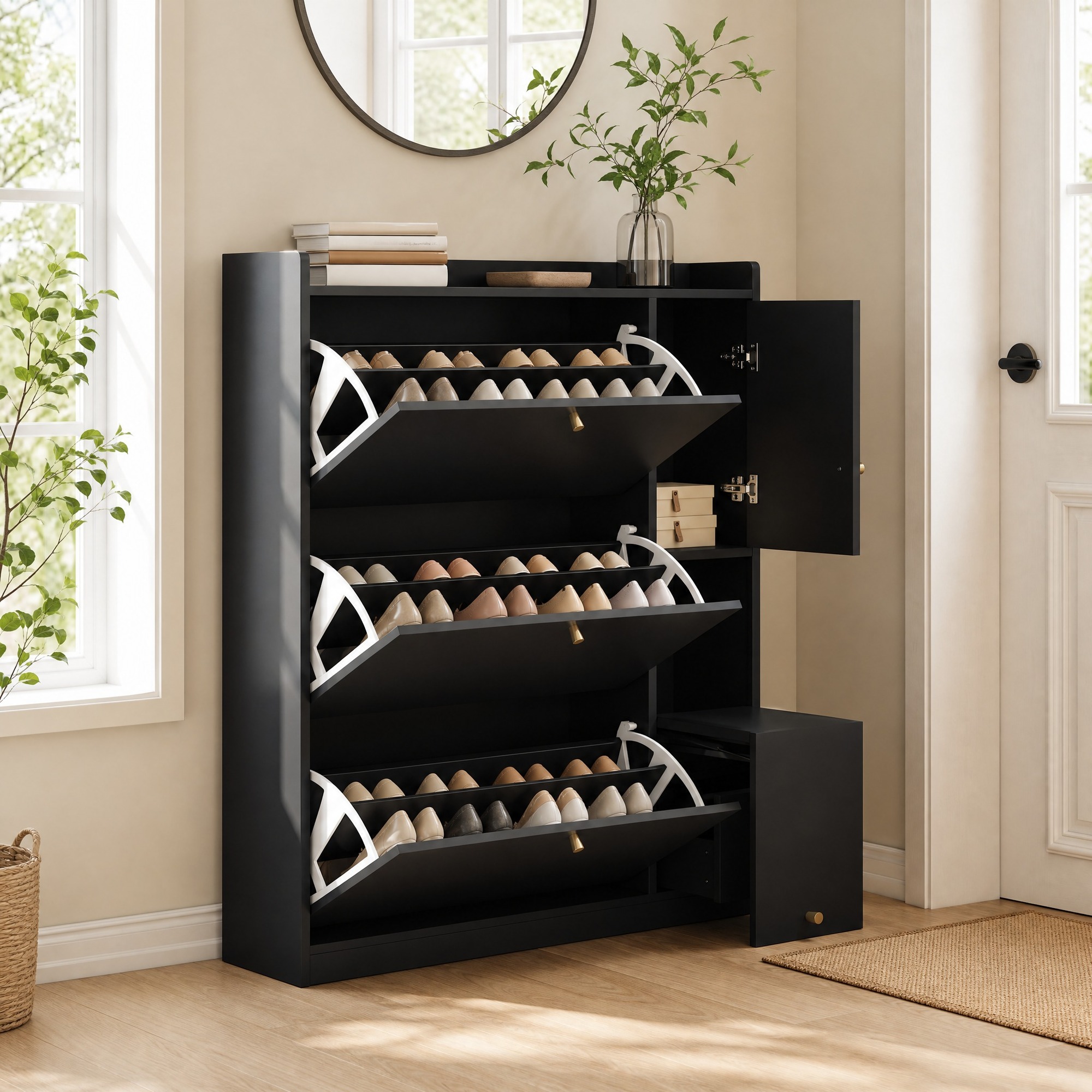 Kipp-schuhschrank 119x24x122 Cm Schwarz Aus Spanplatte Mit Klappfächern Und Sitzbank