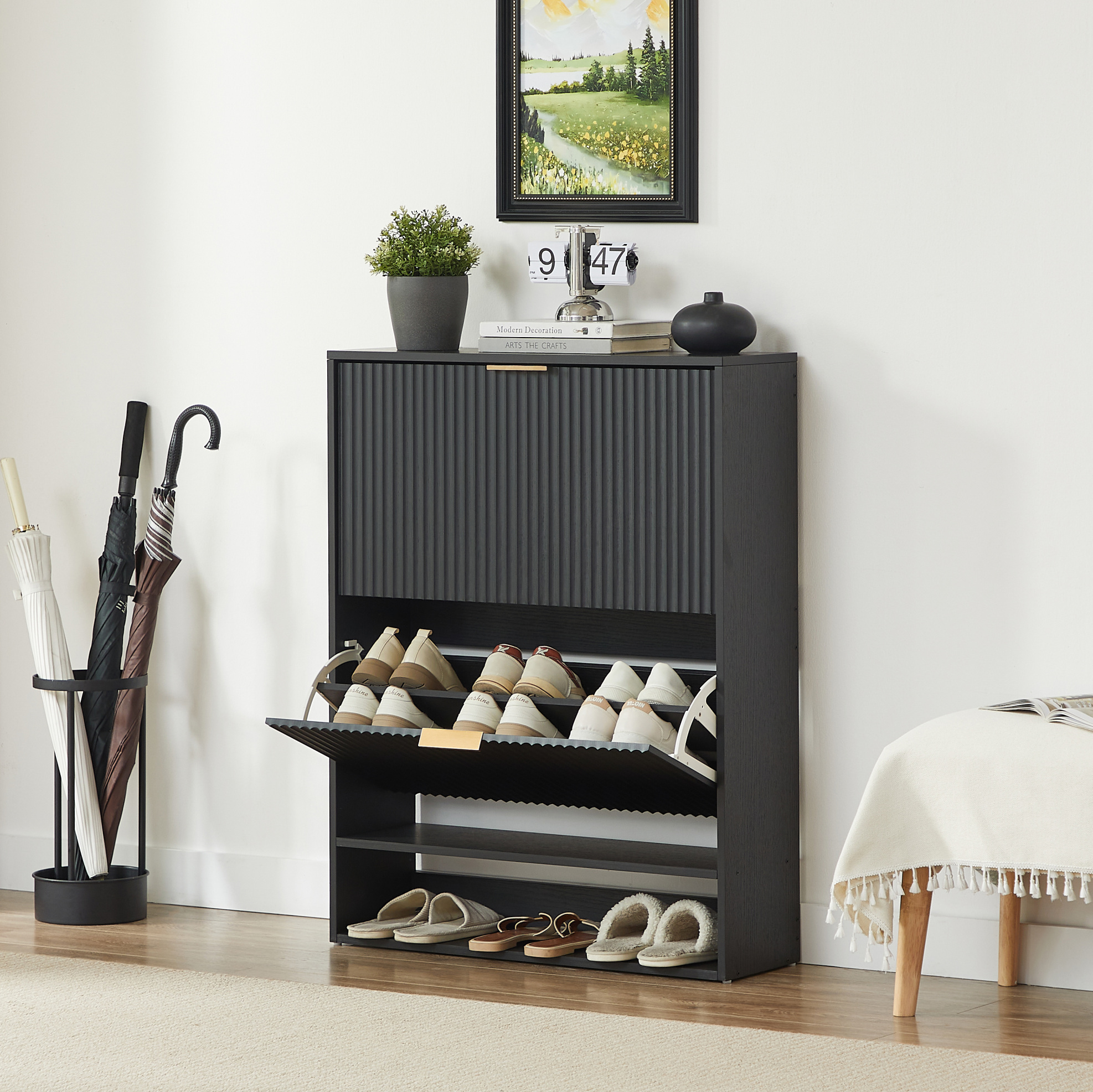 Schuhschrank 80x24x102 Cm Schwarz Aus Mdf Mit Kippschutz Und Verstellbaren Einlegeböden