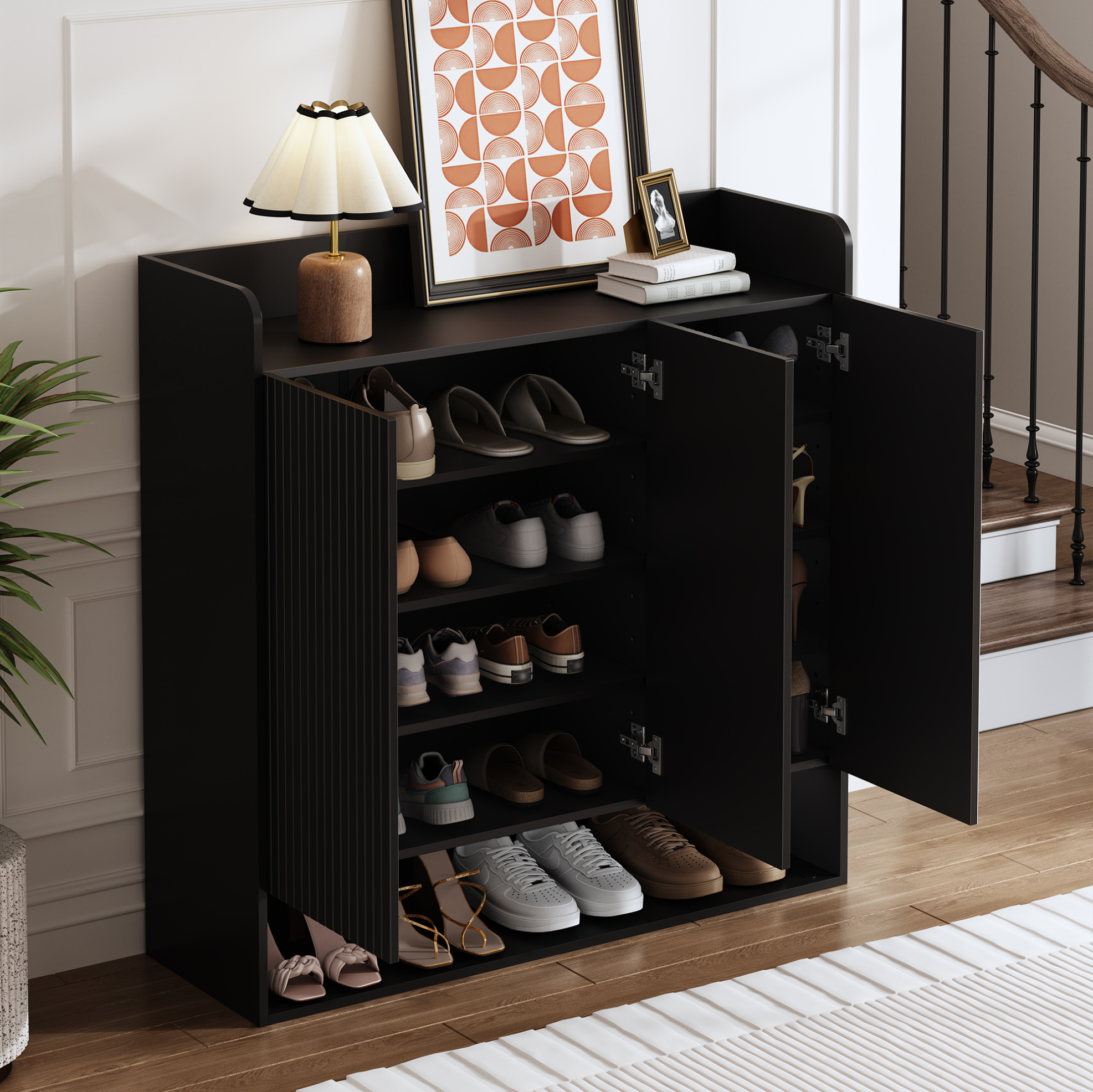Schuhschrank 110x35,5x110 Cm Schwarz Mdf Und Spanplatte Mit Ganzkörperspiegel, Verstellbaren Einlegeböden Und Staubschutz