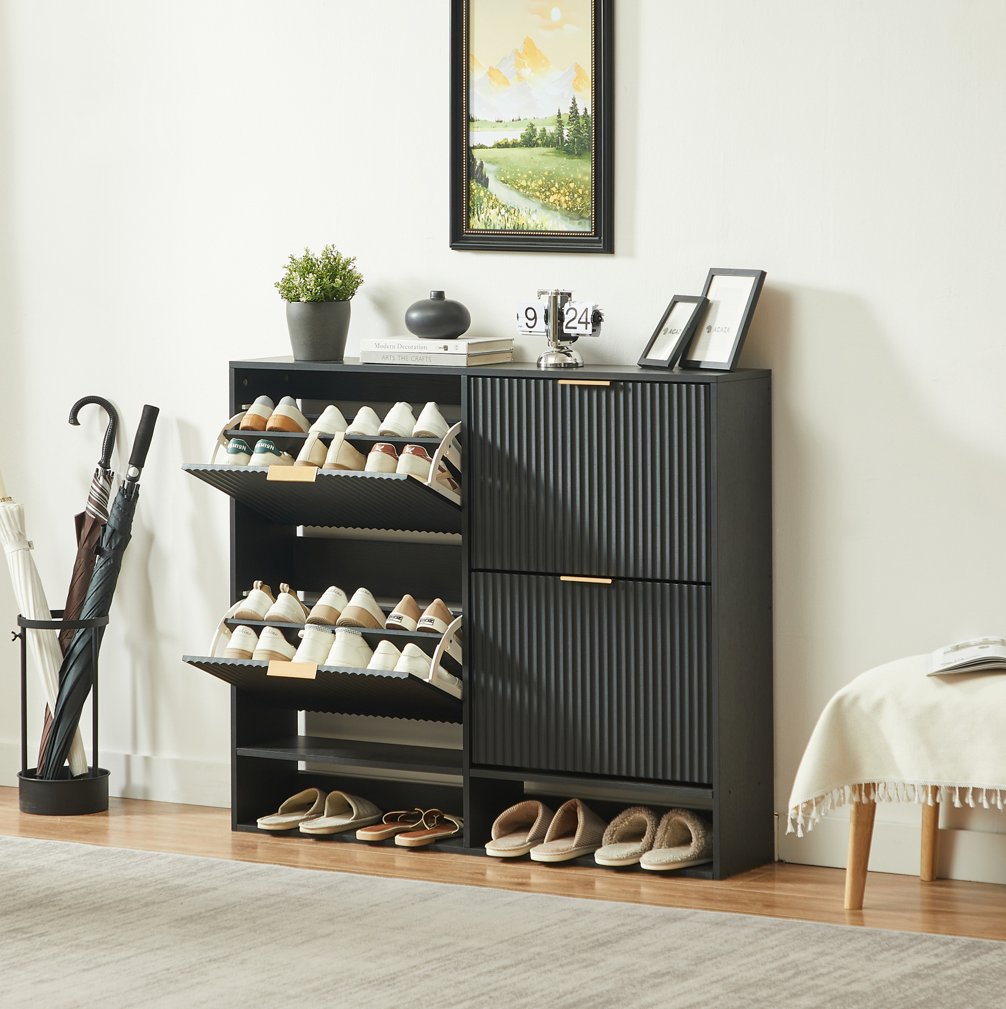 Schuhschrank 120x24x102 Cm Schwarz Aus Mdf Mit Höhenverstellbaren Einlegeböden Und Kippschutz
