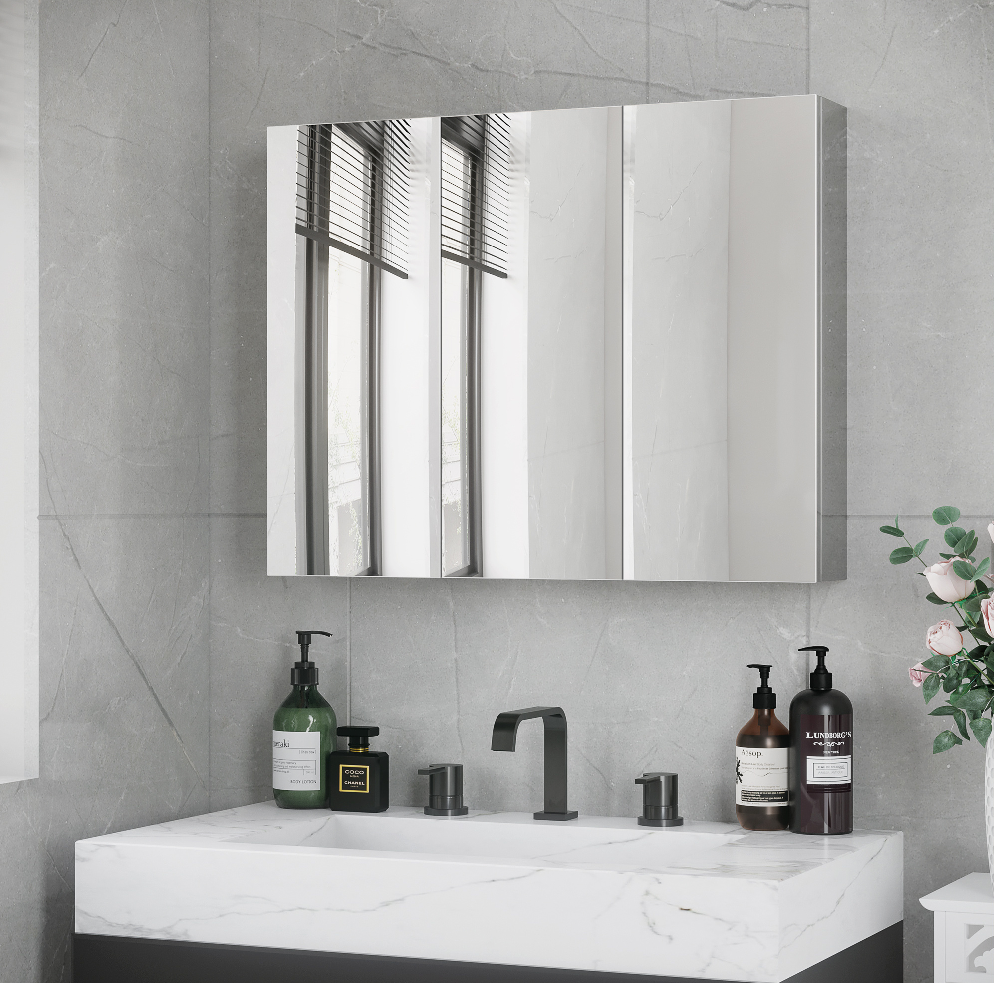 Badezimmerschrank 70x12x55 Cm Silber Edelstahl Mit 3 Spiegeltüren Und Wandmontage