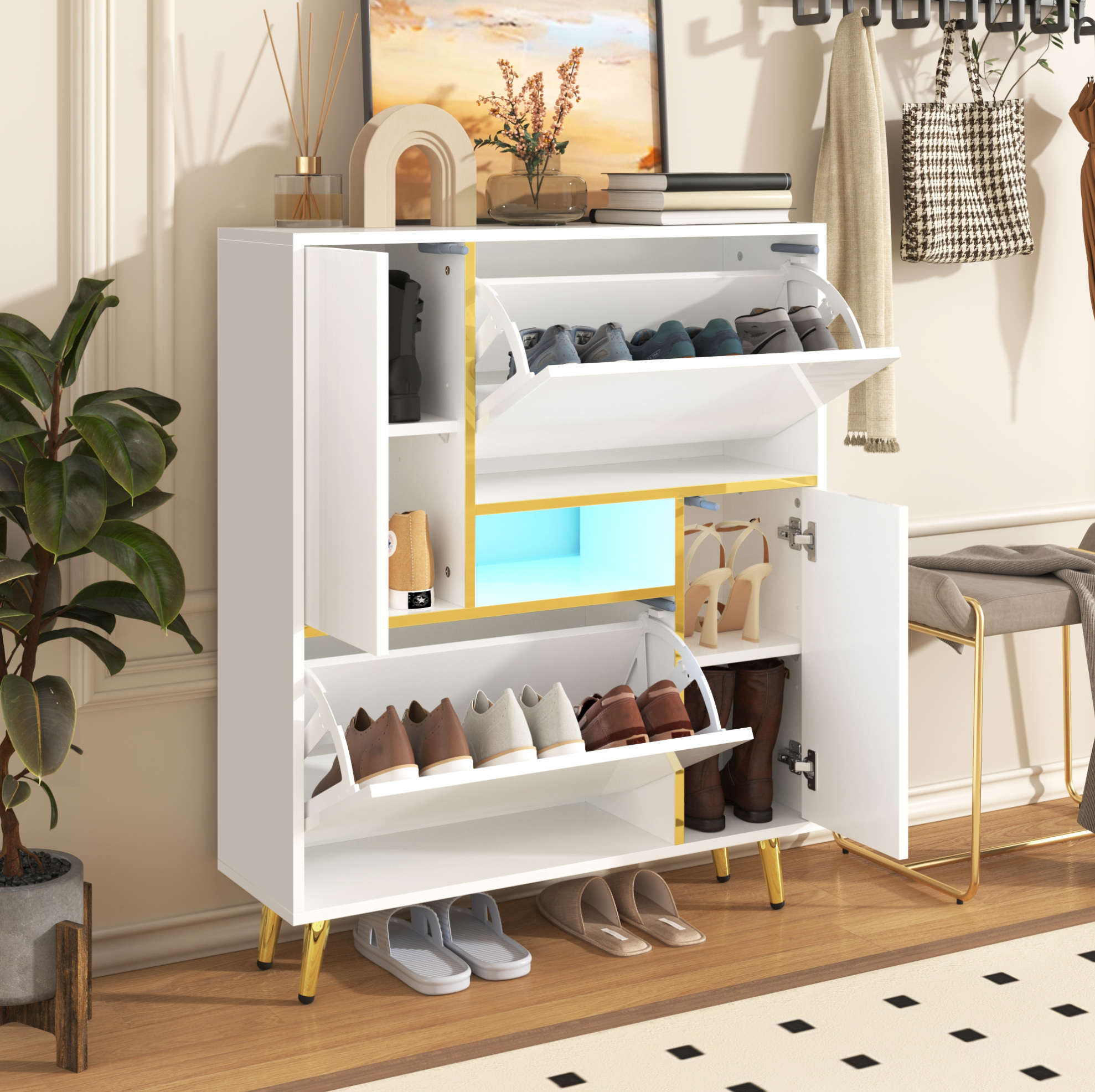 Schuhschrank 80x25x96 Cm Weiß Aus Spanplatte Mit Hochglanzfront, Led-licht Und Verstellbaren Einlegeböden