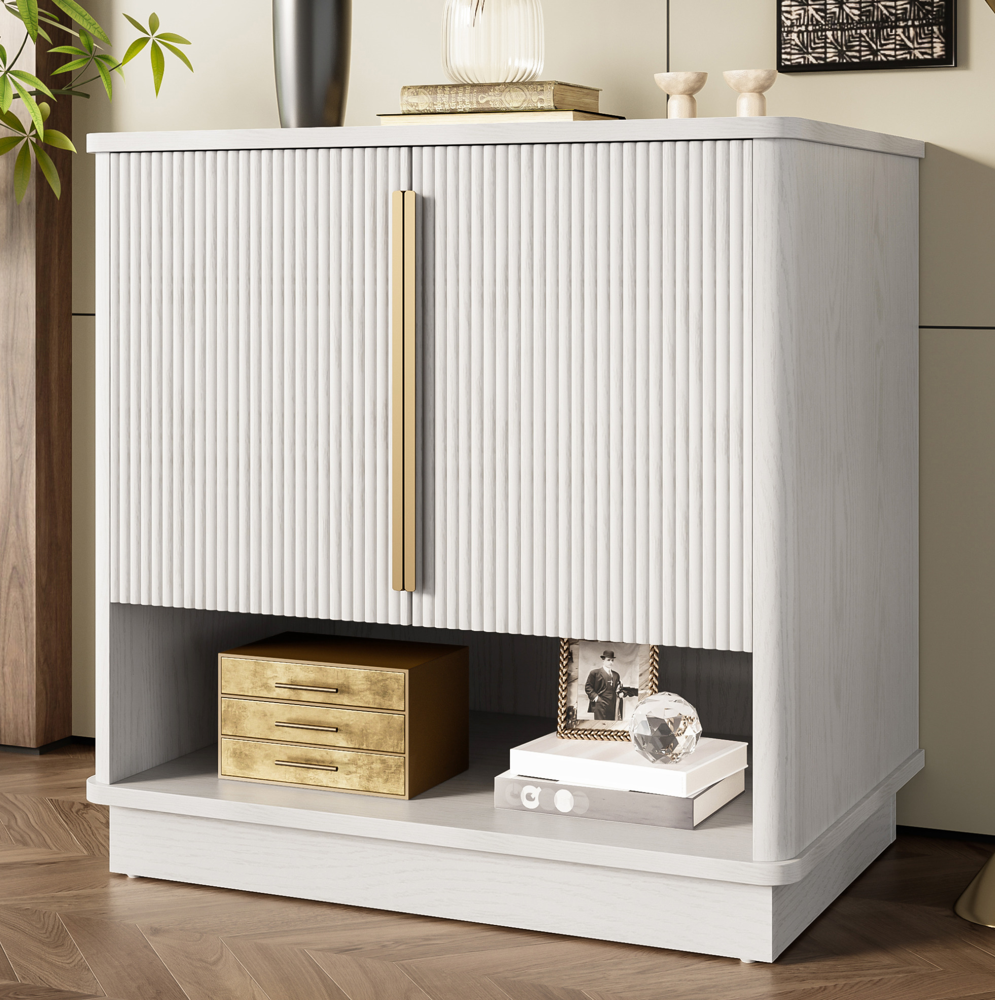 Schuhschrank 60x40x61 Cm Weiß Aus Mdf Mit Holzoptik, Verstellbaren Einlegeböden Und Goldfarbenen Griffen