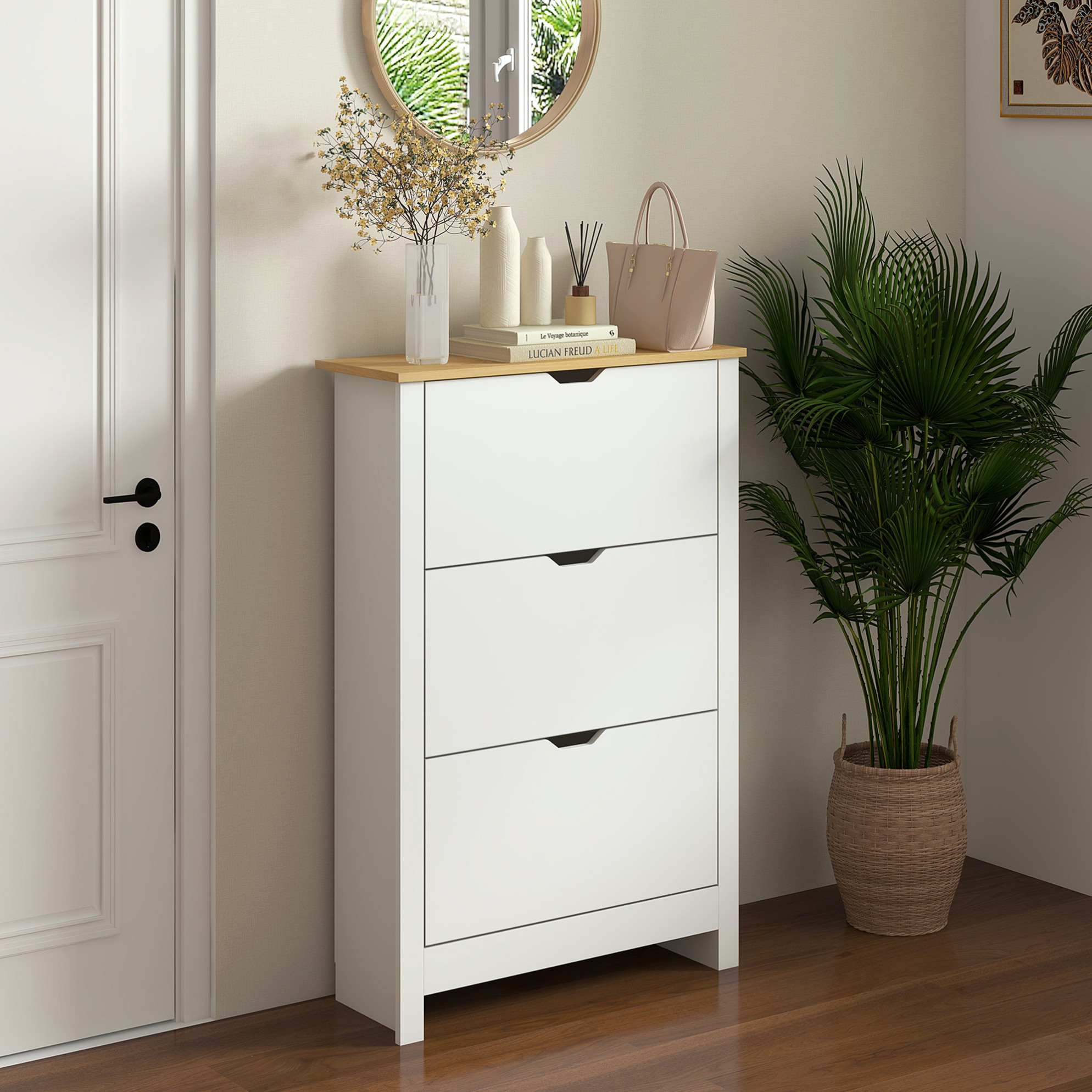 Schuhschrank 72x26x112 Cm Weiß Aus Holzwerkstoff Mit 3 Klappen, Ablagefläche Und Kippschutz