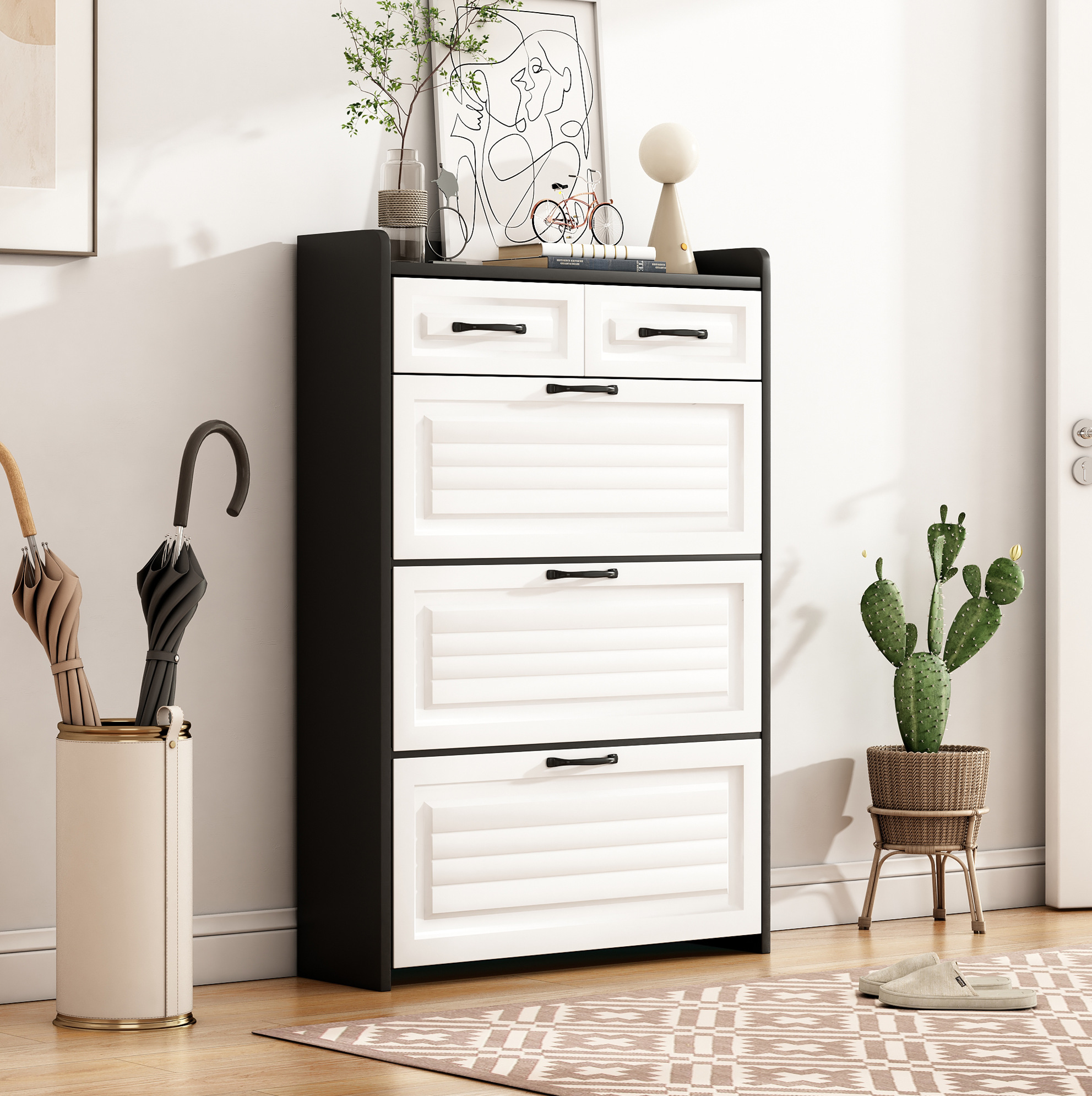 Schuhschrank 80x23.5x131 Cm Weiß Und Schwarz Aus Spanplatte Mit 3 Drehbaren Klappen, Metallgriffen Und Kippsicherung