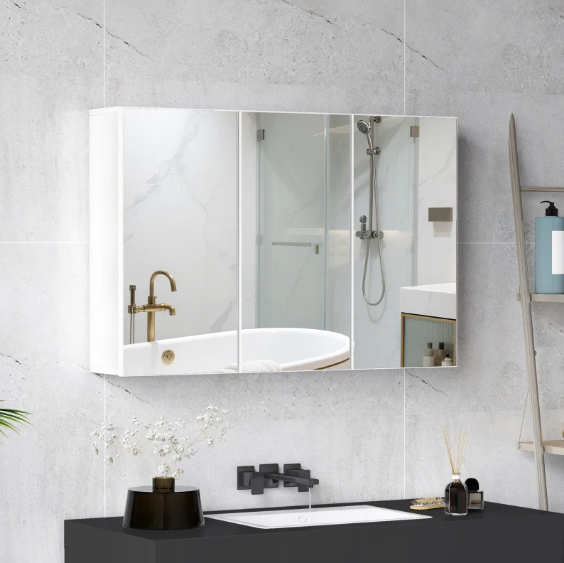 Spiegelschrank 90x15.5x60 Cm Weiß Aus Glas Und Spanplatte Mit 3 Türen Und 5 Regalen