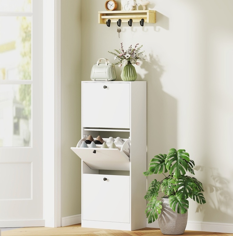 Schuhschrank 47x26x120 Cm Weiß Holz Mit 3 Klappen, Verstellbaren Trennwänden Und Kippschutz