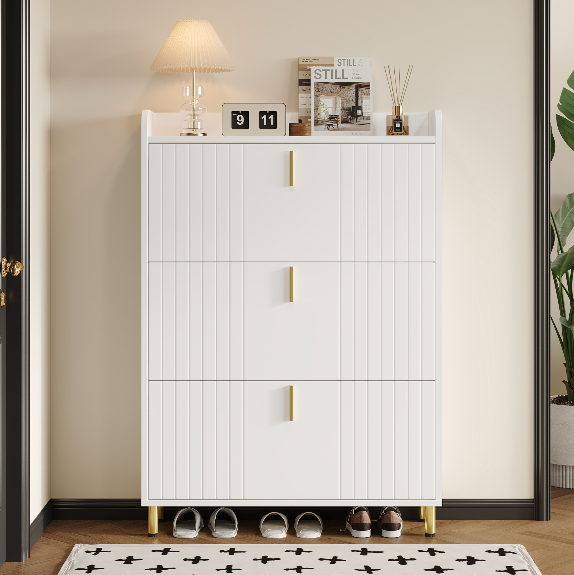 Schuhschrank 80x23x123.5 Cm Weiß Mdf Mit 3 Klappen, Verstellbaren Fächern Und Goldenen Metallfüßen