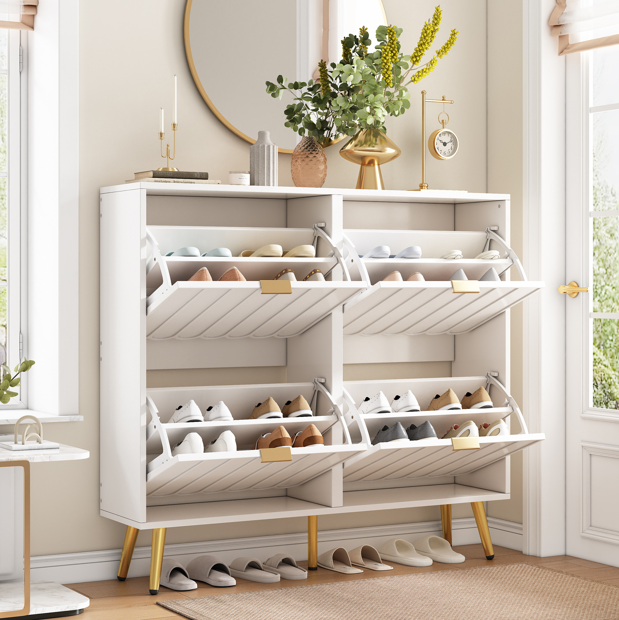 Schuhkipper 100x24x91.5 Cm Weiß Aus Mdf Und Spanplatte Mit Wellenfronten, 4 Klappen Und Kippschutz