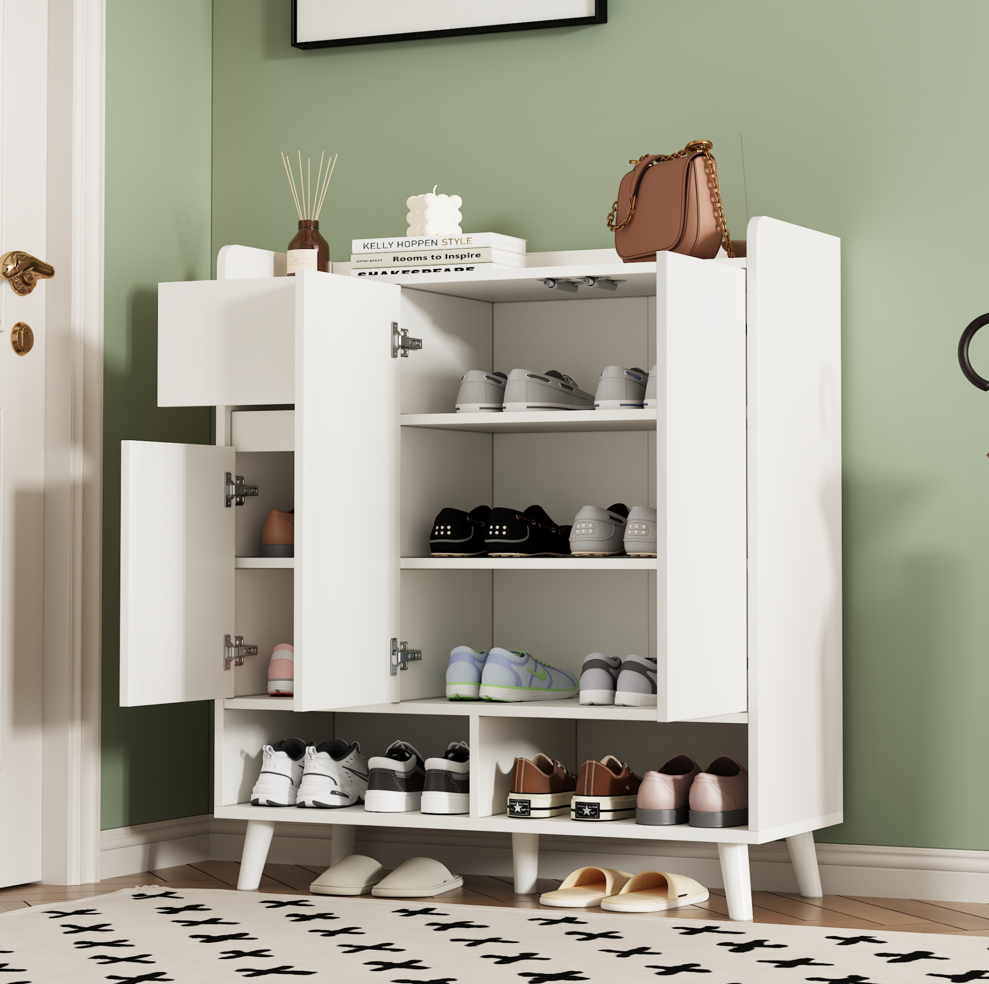 Schuhschrank 99x90x35 Cm Weiß Aus Spanplatte Mit Verstellbaren Einlegeböden Und Massivholzbeinen