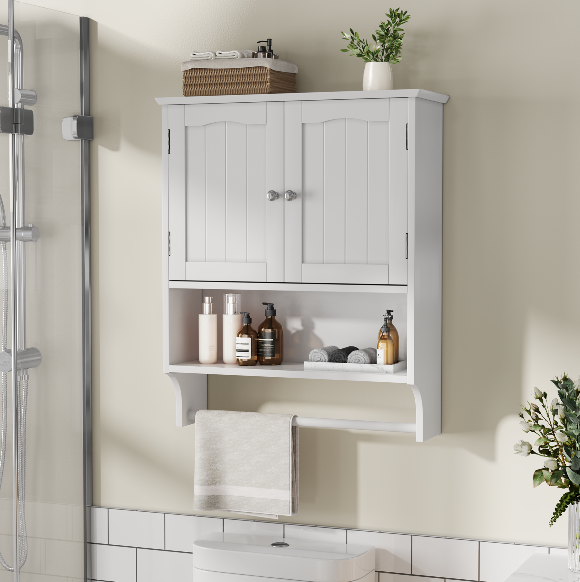Badezimmerschrank 56.8x19x70 Cm Weiß Mdf Mit Verstellbaren Regalen Und Handtuchhalter