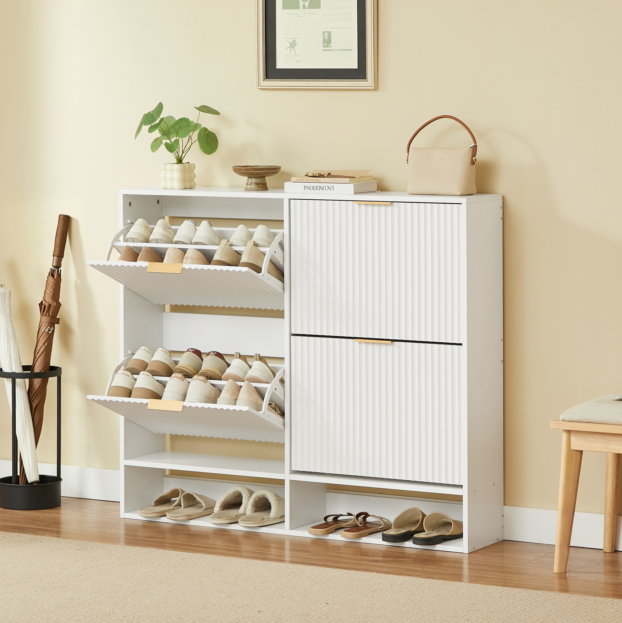 Schuhschrank 120x24x102 Cm Weiß Aus Mdf Mit Kippschutz Und Klappfächern