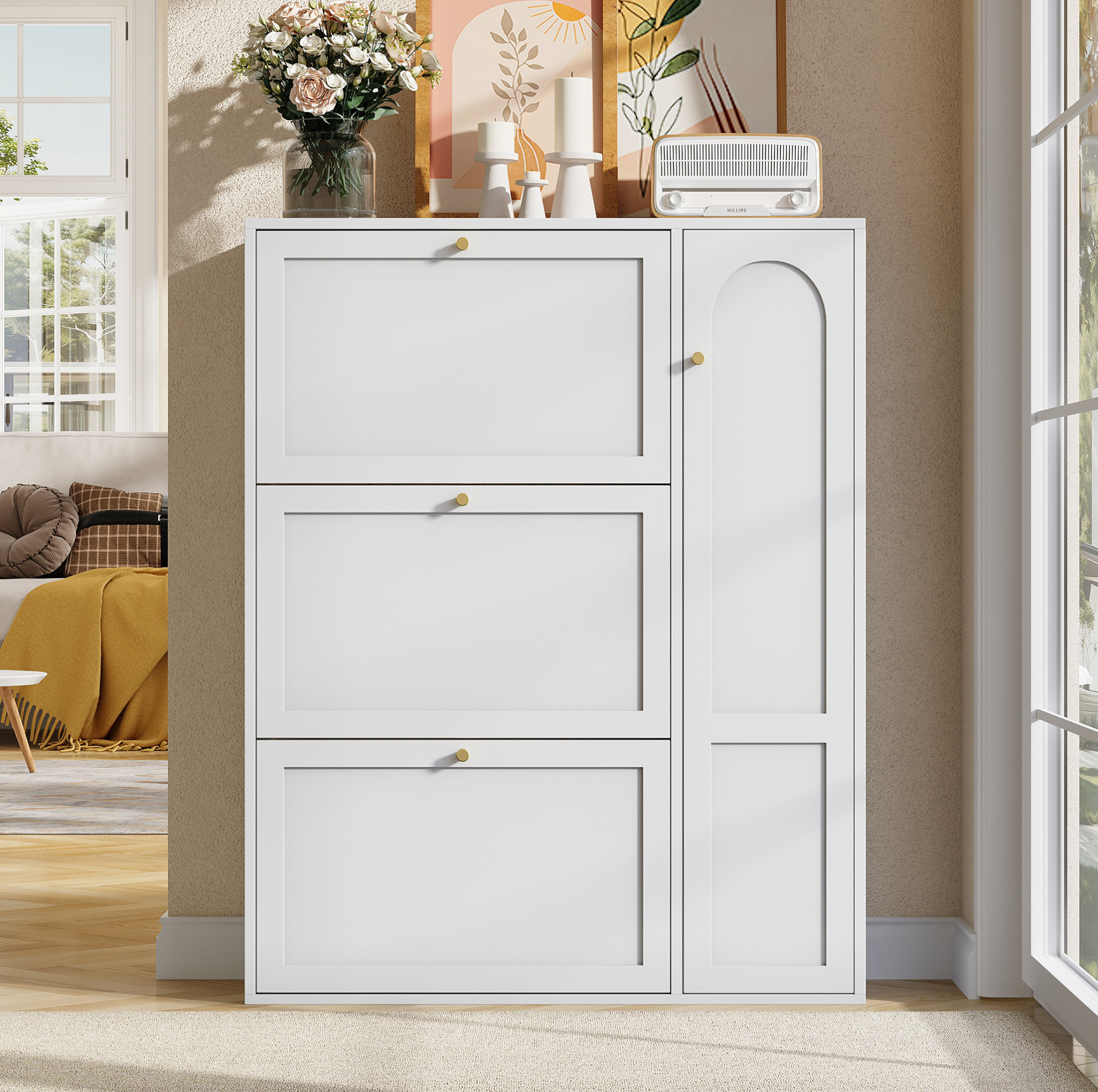 Schuhschrank 90x25x114 Cm Weiß Aus Mdf Und Spanplatte Mit 3 Klappen, Seitentür, Verstellbaren Trennwänden Und Kippsicherung